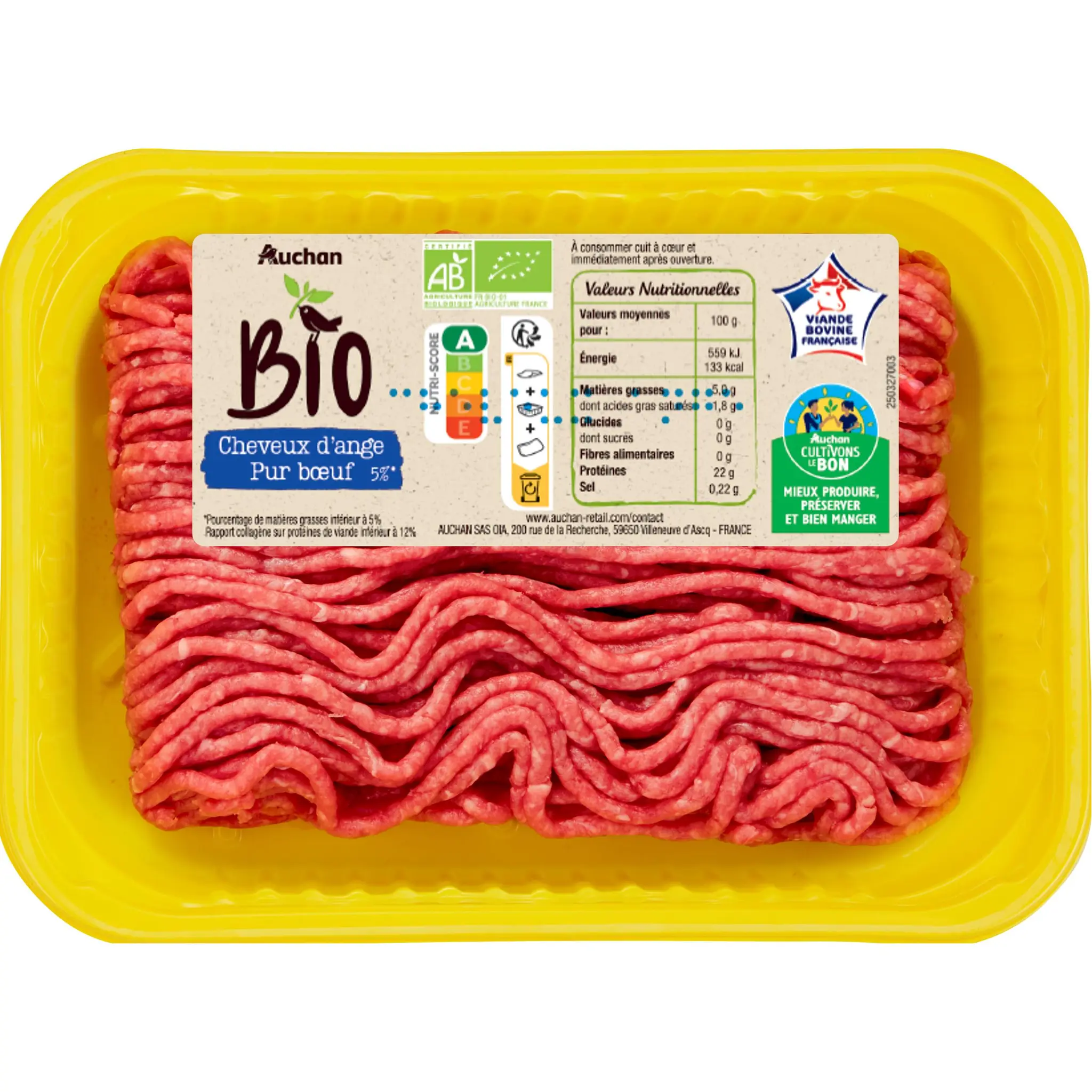 AUCHAN BIO CULTIVONS LE BON Haché Vrac Pur Bœuf 5% MG Bio