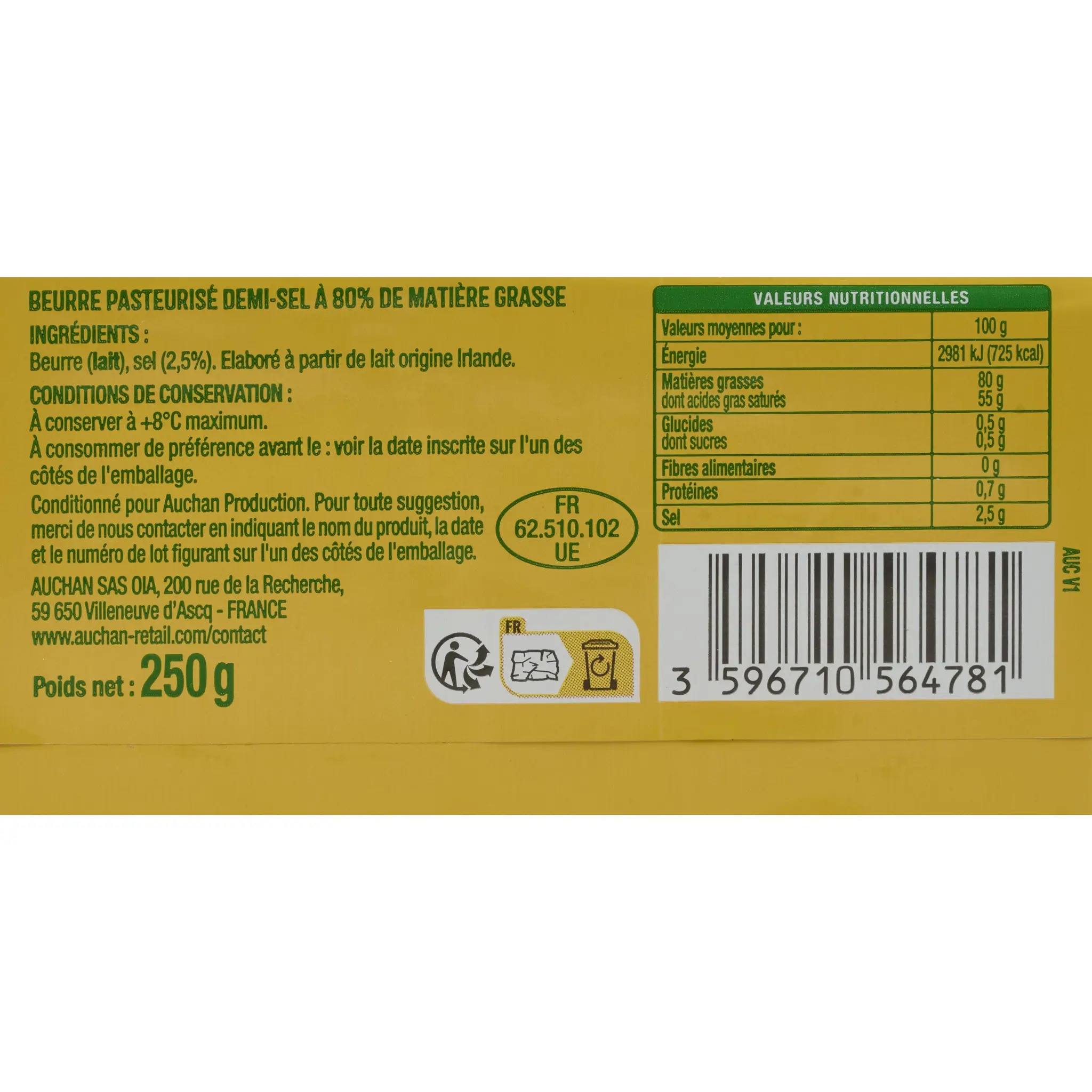 AUCHAN Beurre demi-sel 80.5%MG