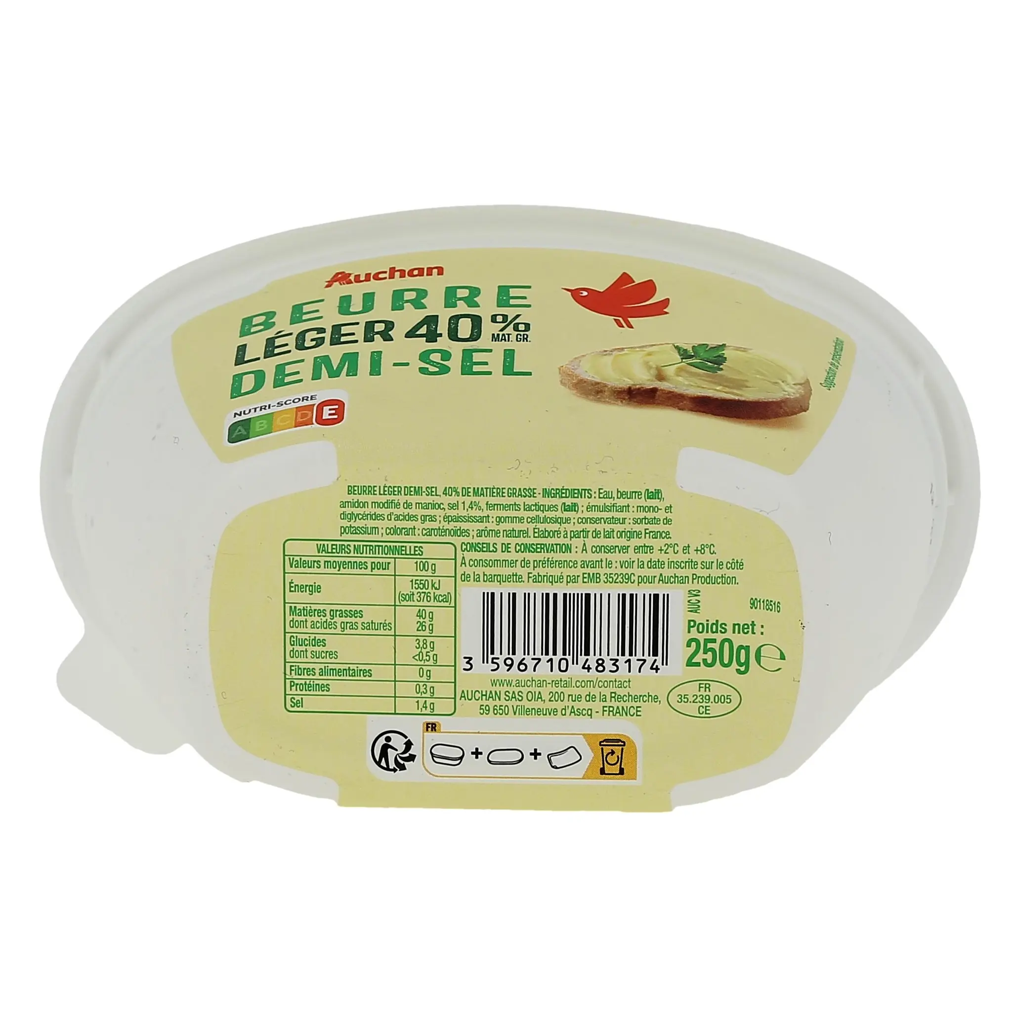 AUCHAN Beurre allégé demi-sel 40%MG