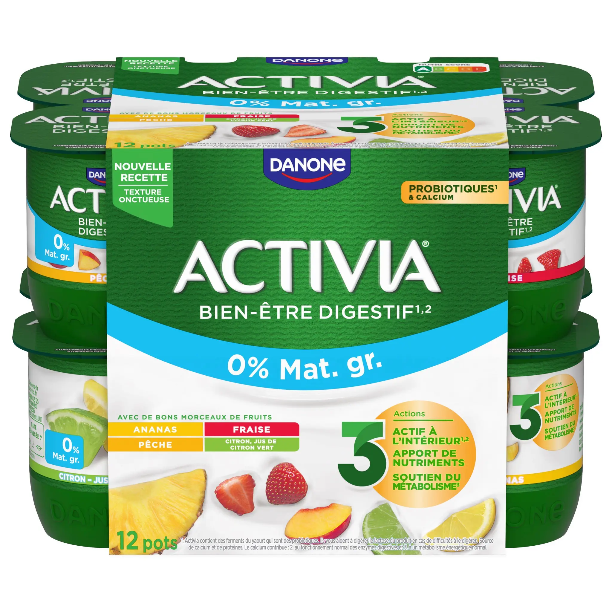 ACTIVIA Probiotiques - Yaourt au bifidus fraise ananas pêche 0% MG