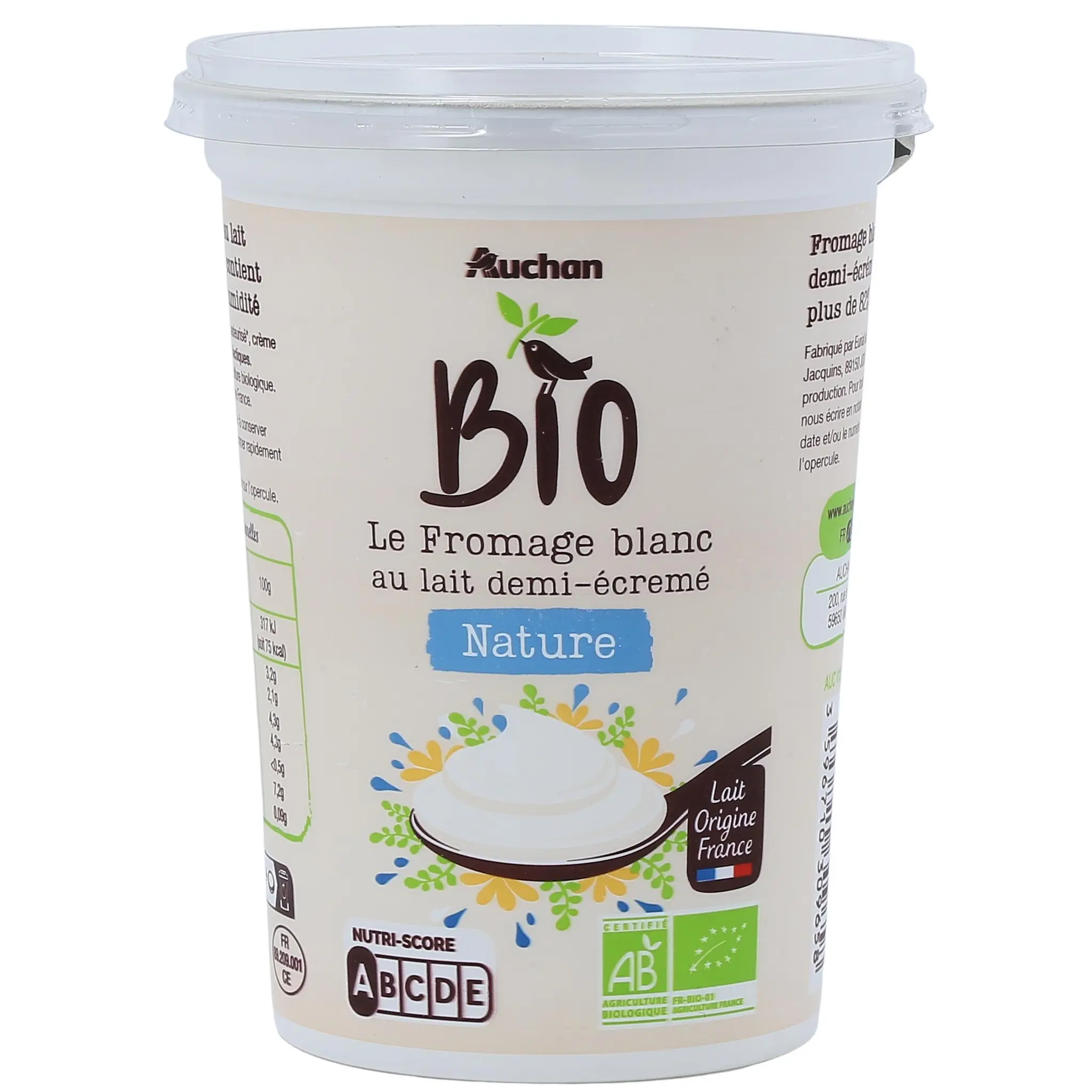 AUCHAN BIO Fromage blanc au lait demi-écrémé nature bio