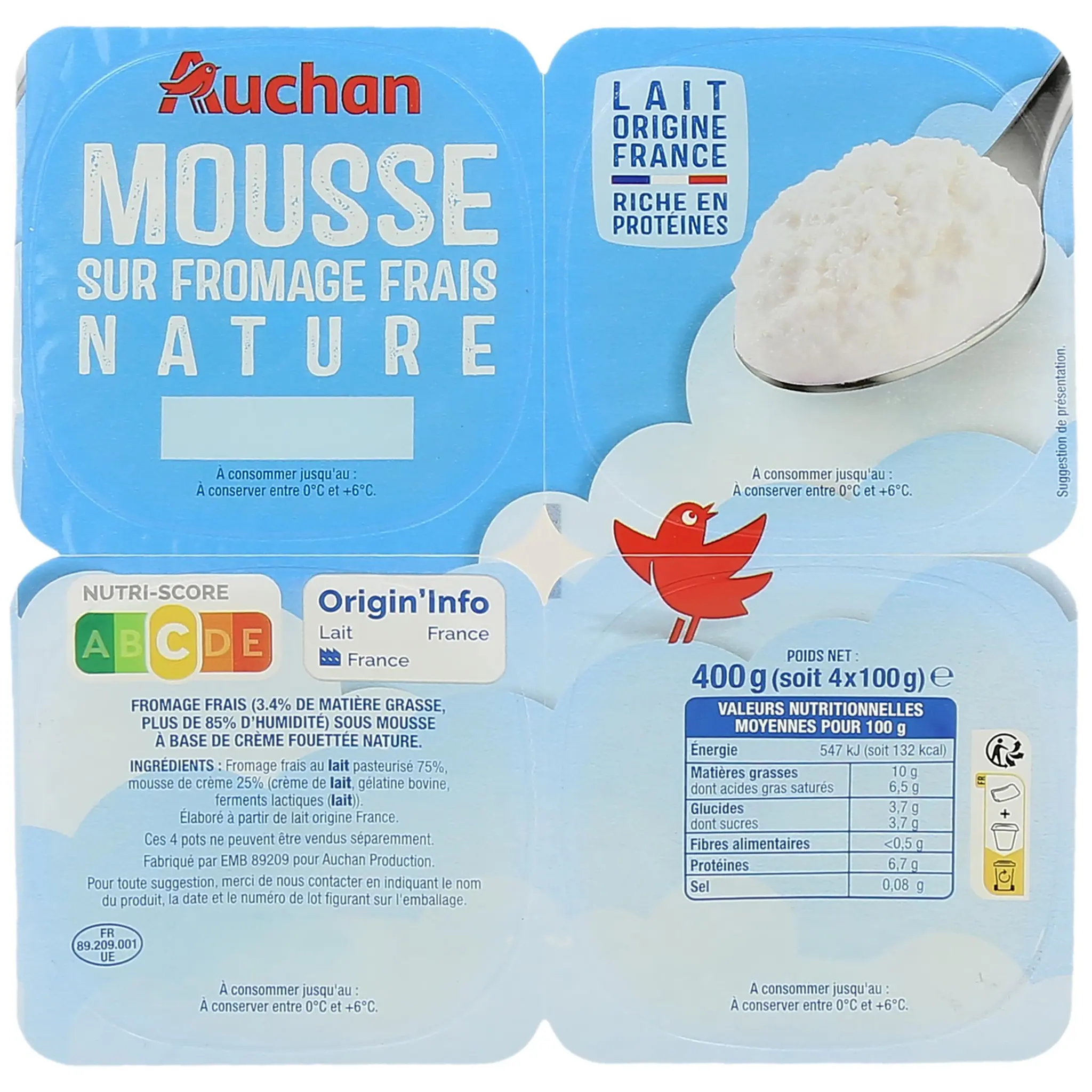 AUCHAN Mousse sur fromage frais nature