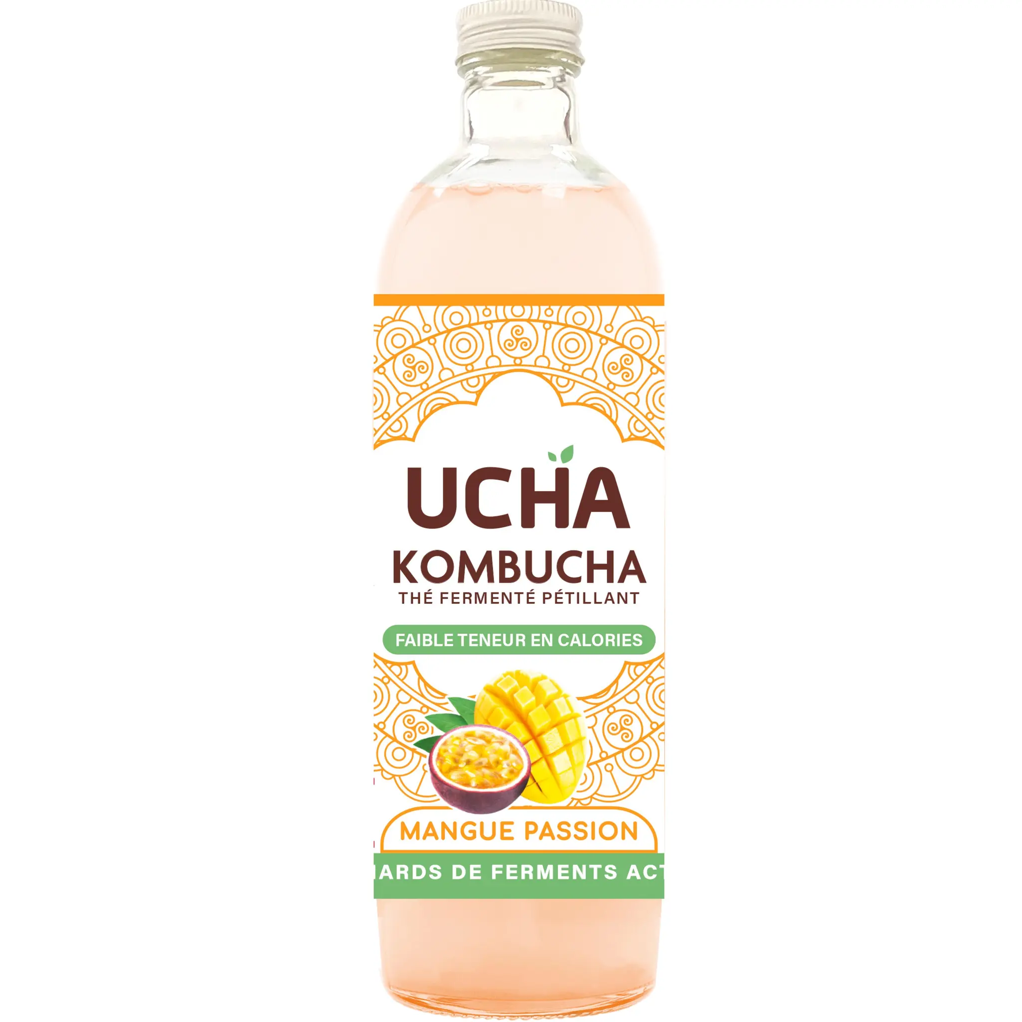 UCHA Kombucha thé fermenté pétillant bio mangue passion faible teneur en calories