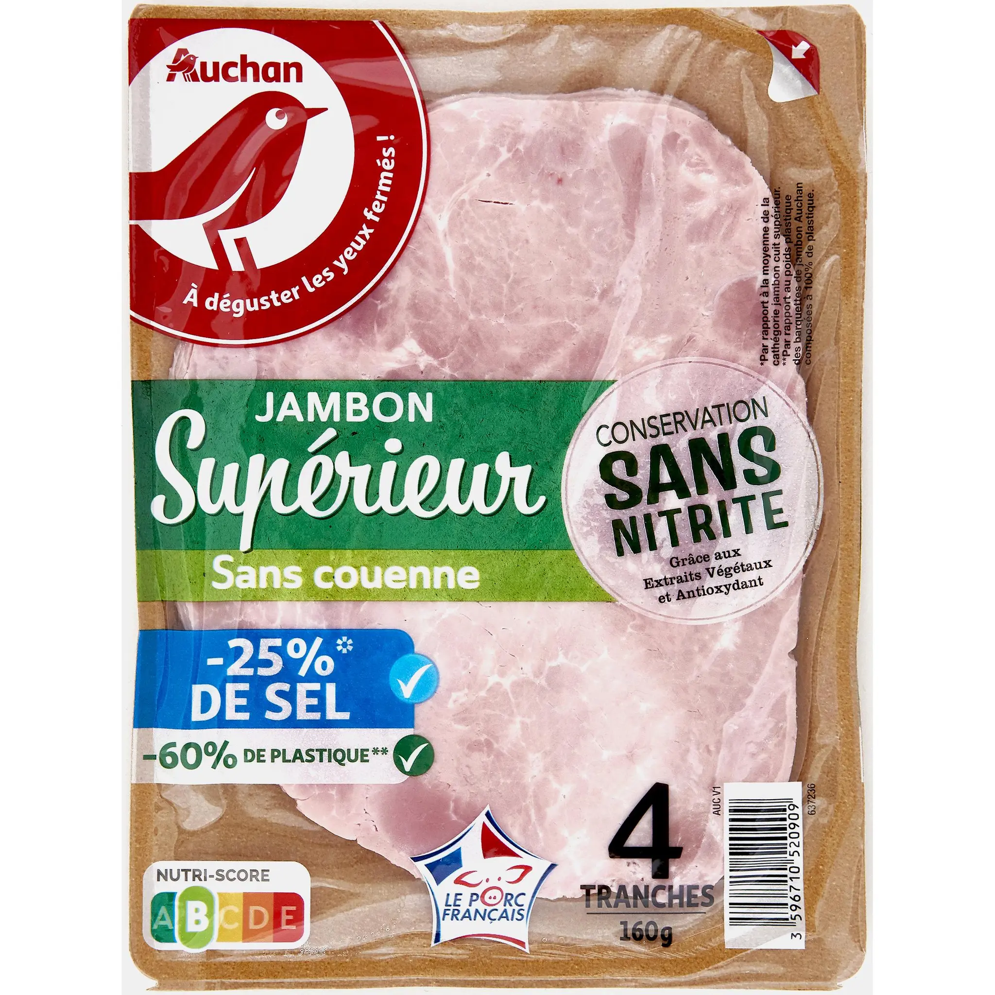 AUCHAN Jambon supérieur sans couenne réduit en sel sans nitrite