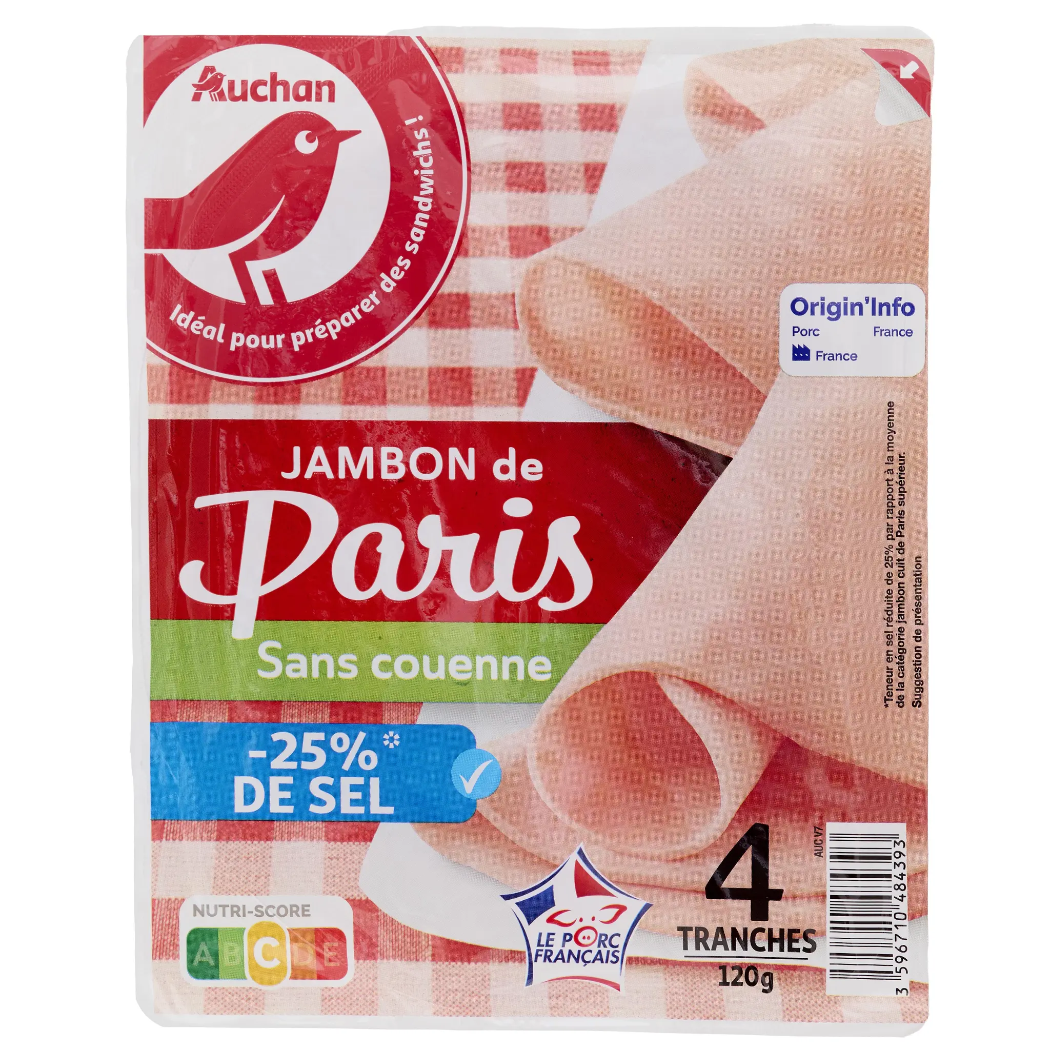AUCHAN Jambon de Paris réduit en sel