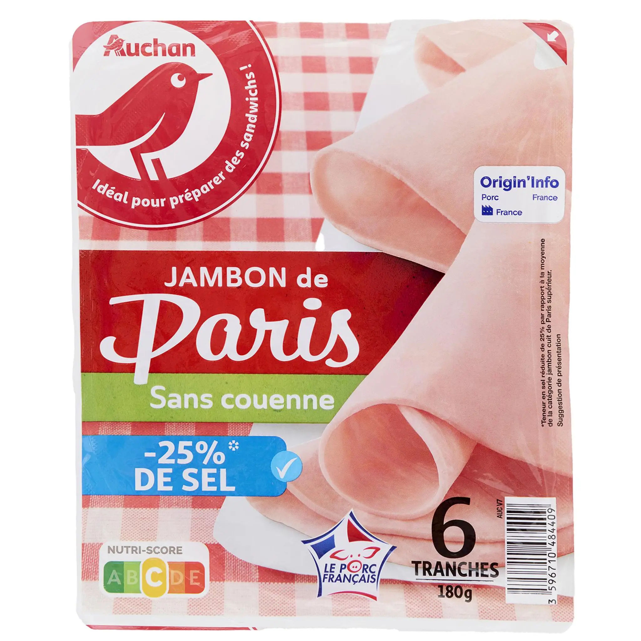 AUCHAN Jambon de Paris réduit en sel