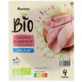 AUCHAN BIO Jambon supérieur bio sans couenne réduit en sel