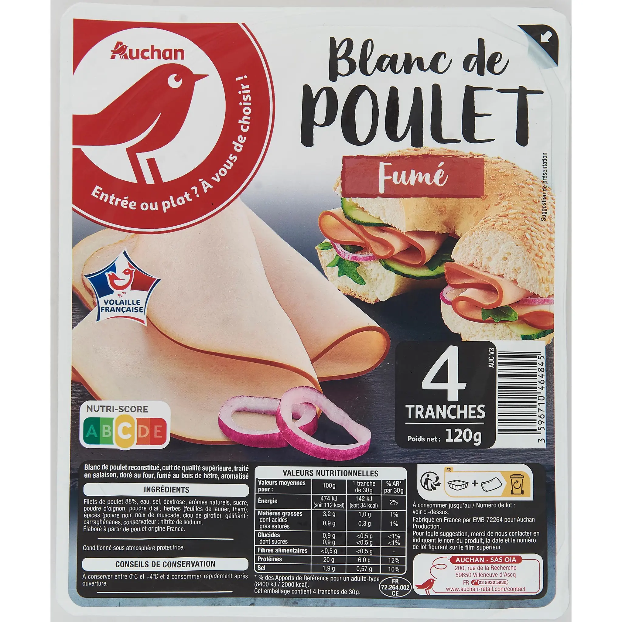 AUCHAN Blanc de poulet fumé
