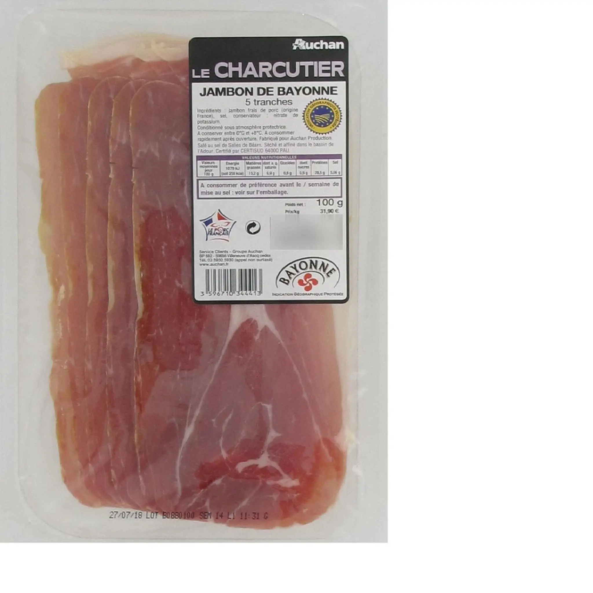 AUCHAN LE CHARCUTIER Jambon de Bayonne IGP 12 mois d'affinage