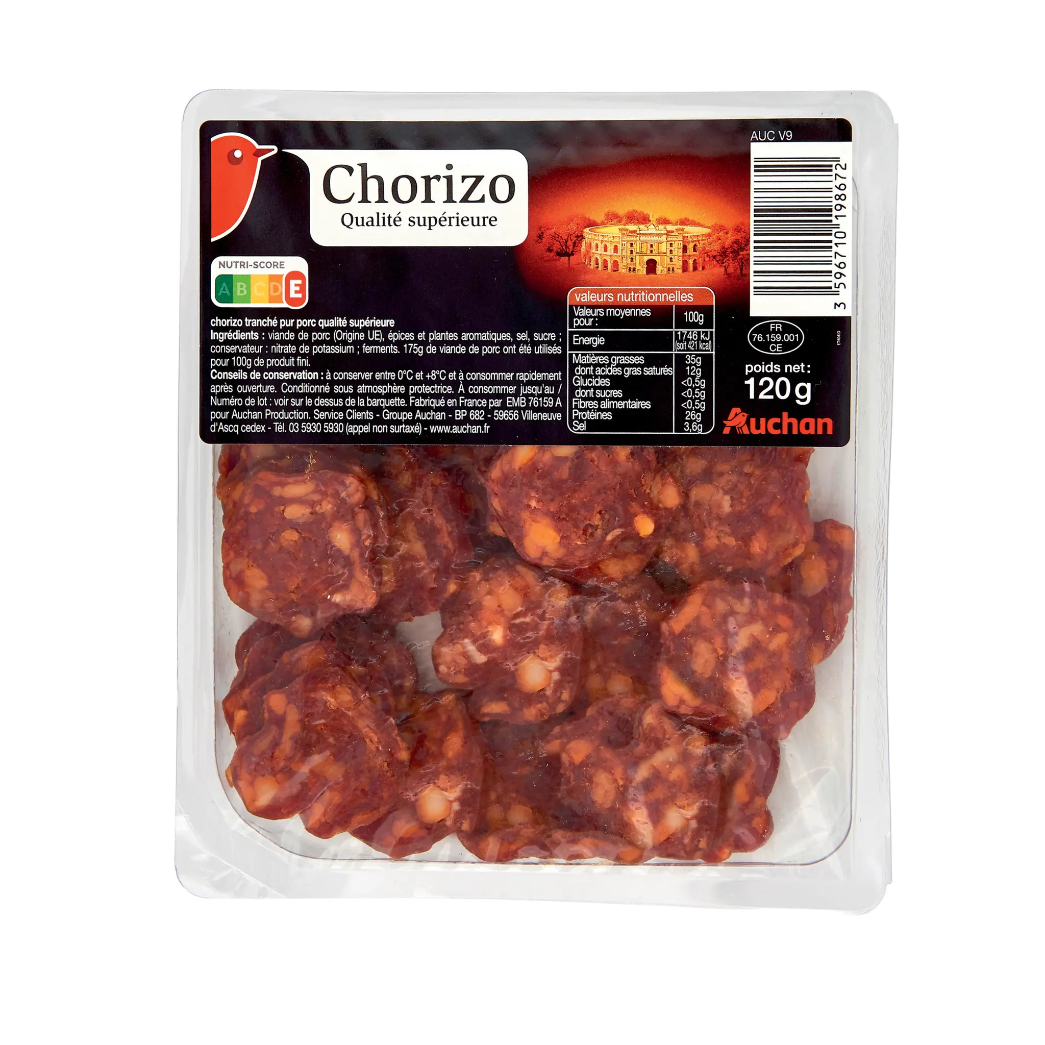 AUCHAN Chorizo pur porc tranché