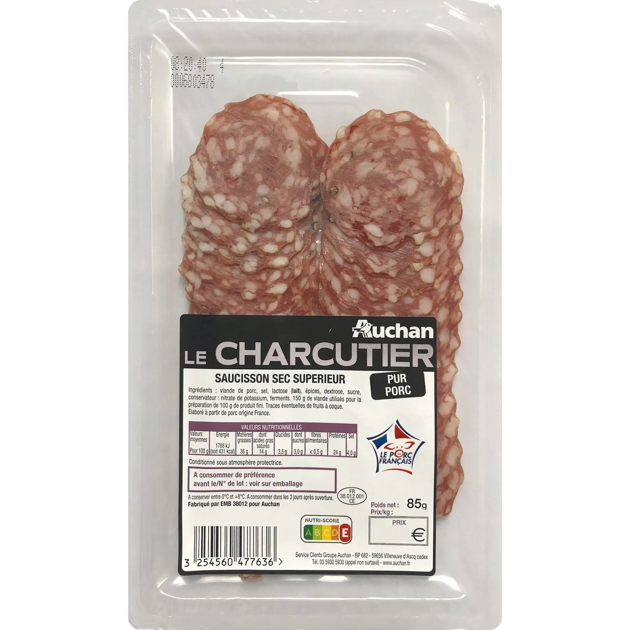 AUCHAN LE CHARCUTIER Saucisson sec supérieur en tranches