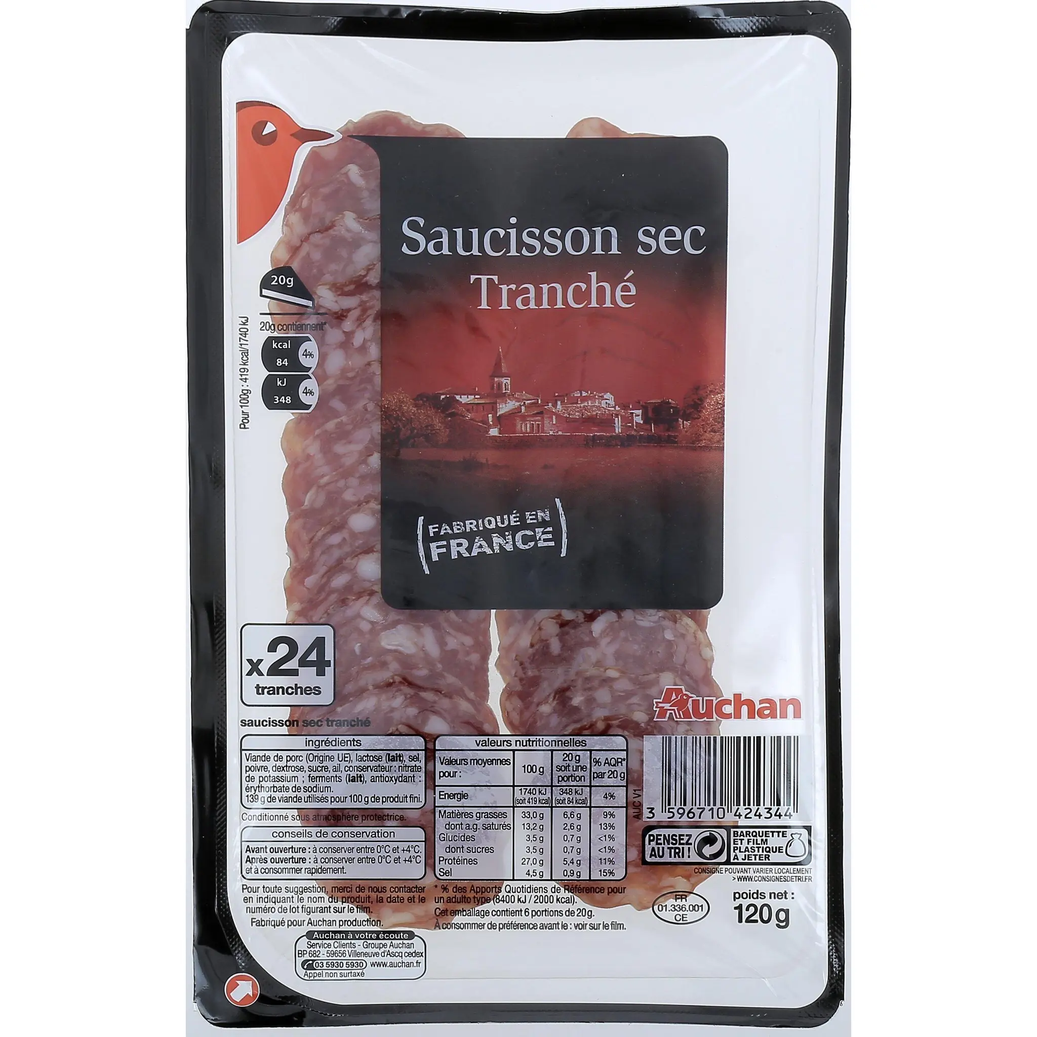AUCHAN Saucisson sec tranché