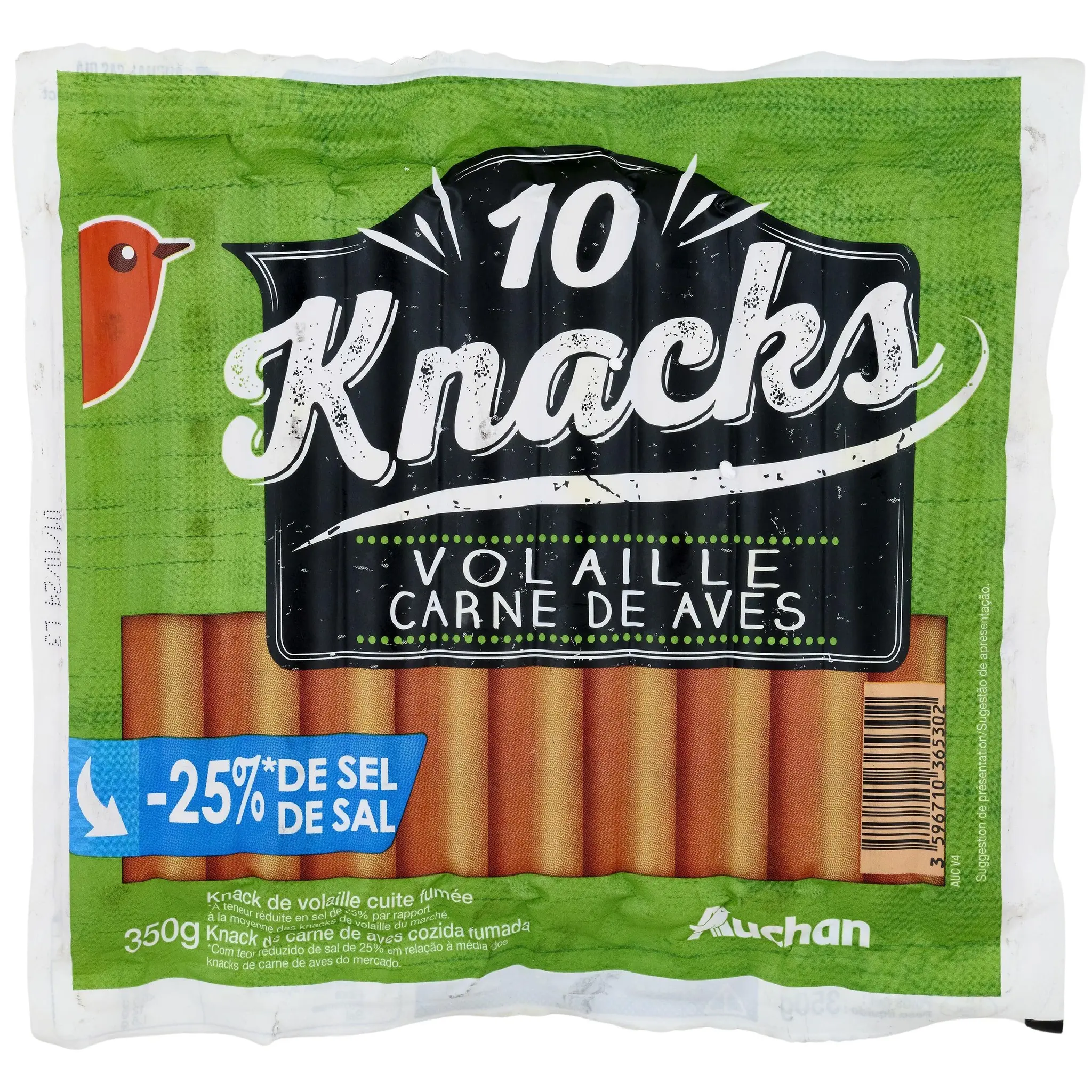 AUCHAN Knacks de volaille réduit en sel