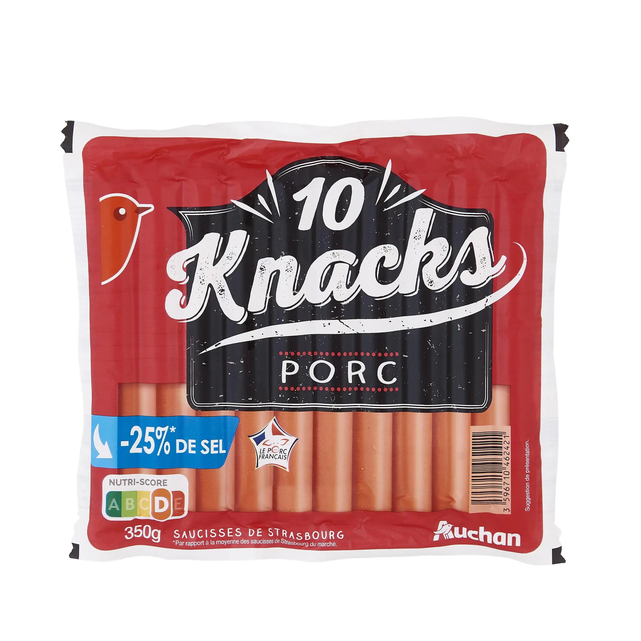 AUCHAN Knacks au porc réduit en sel