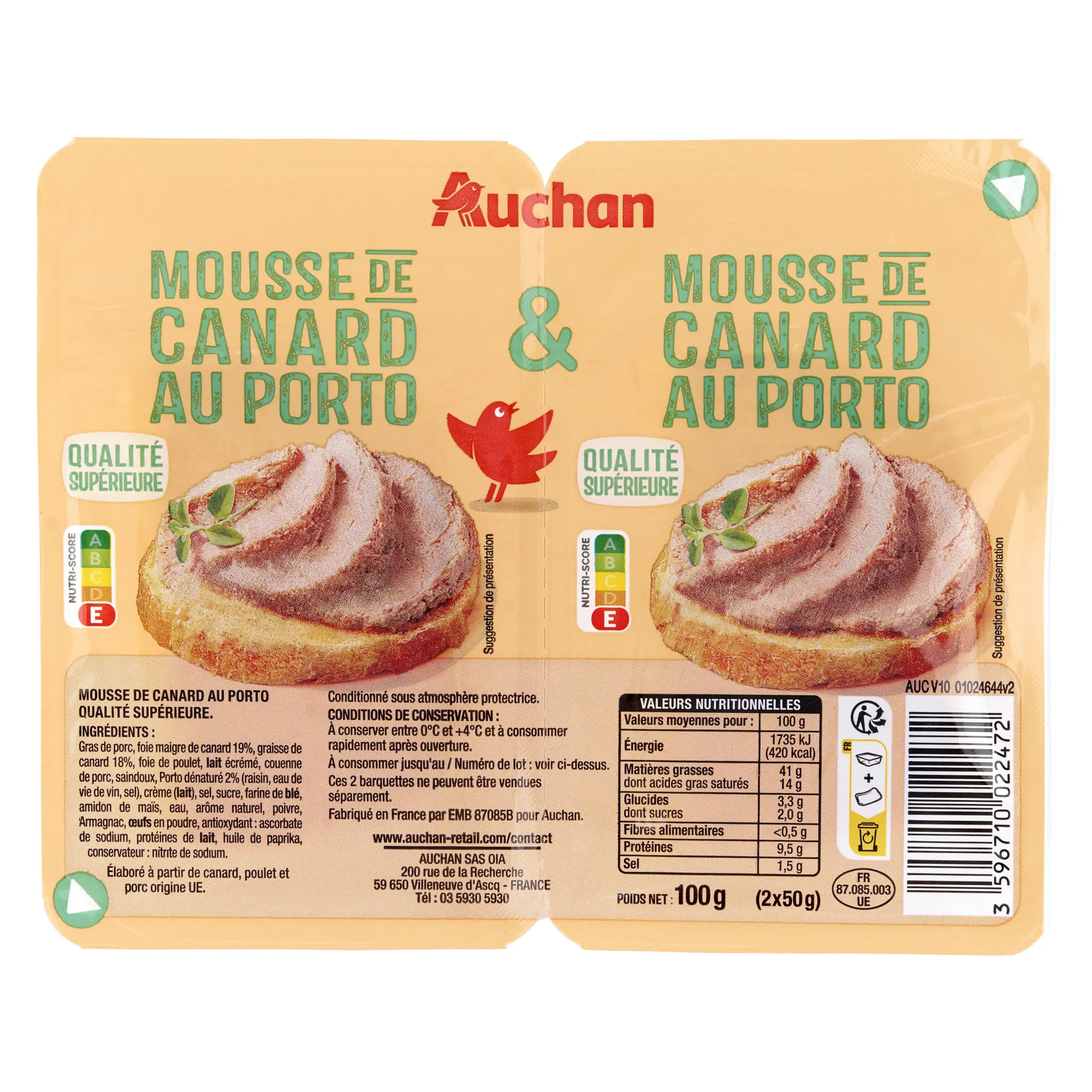 AUCHAN Mousse de canard au porto
