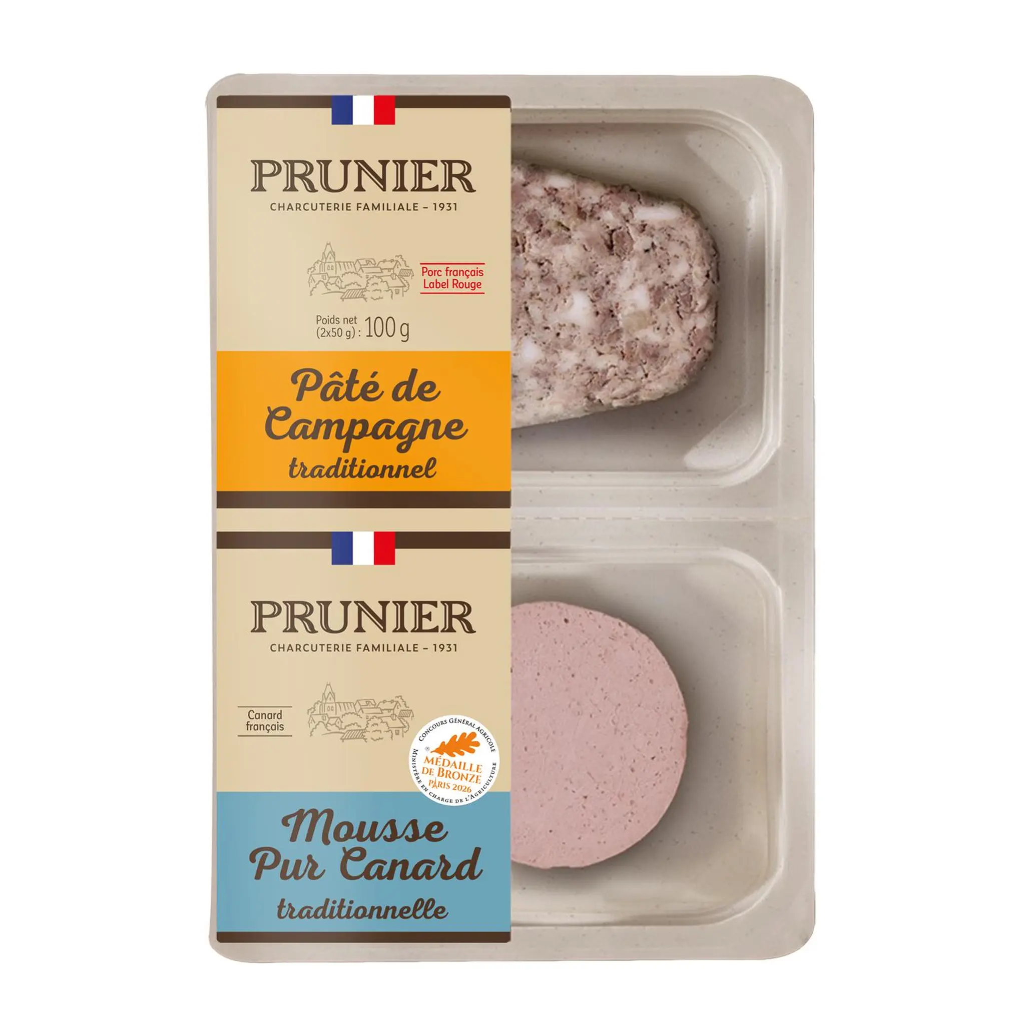 PRUNIER Pâté de campagne et mousse pur canard traditionnel