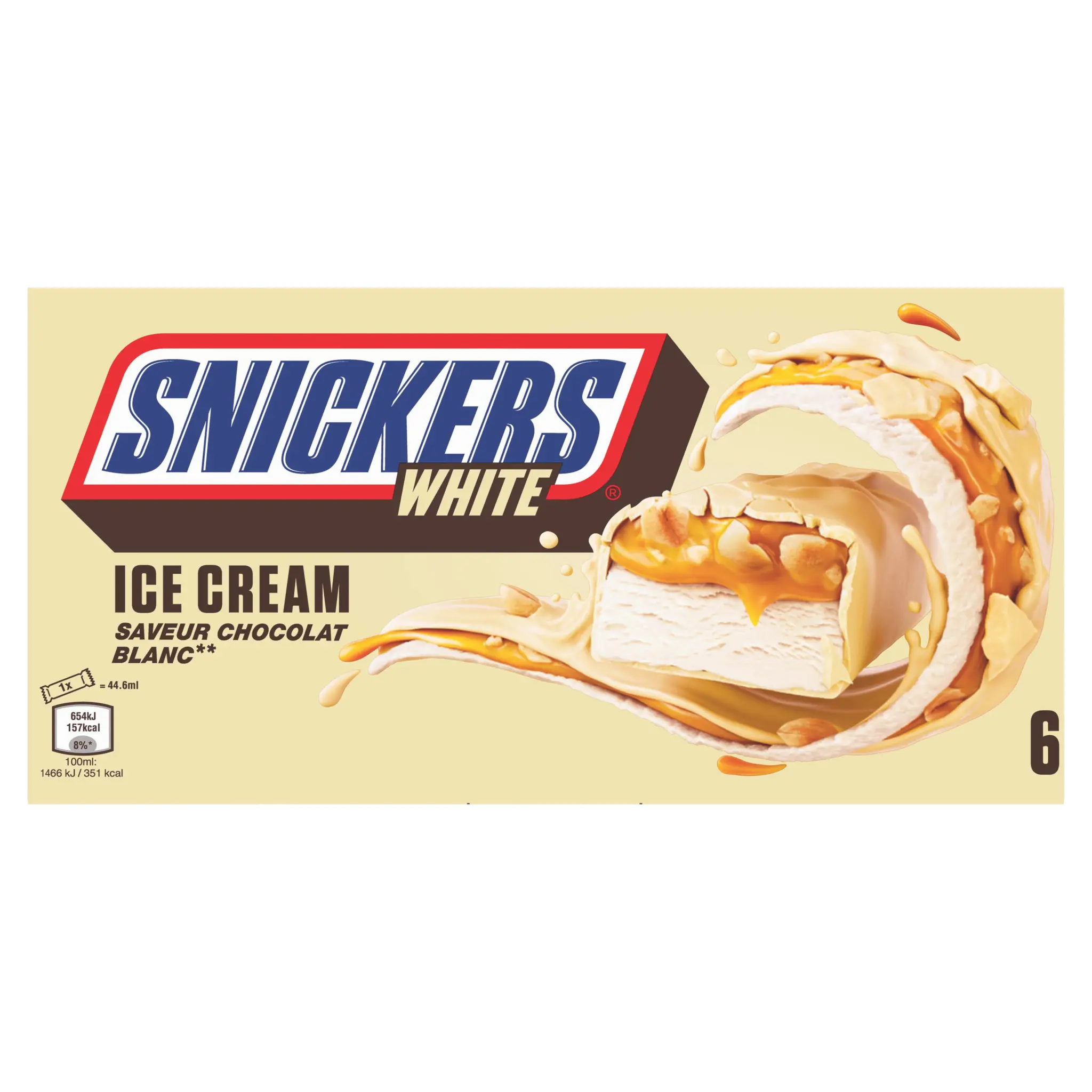 SNICKERS Barre glacée au chocolat blanc, caramel et cacahuètes
