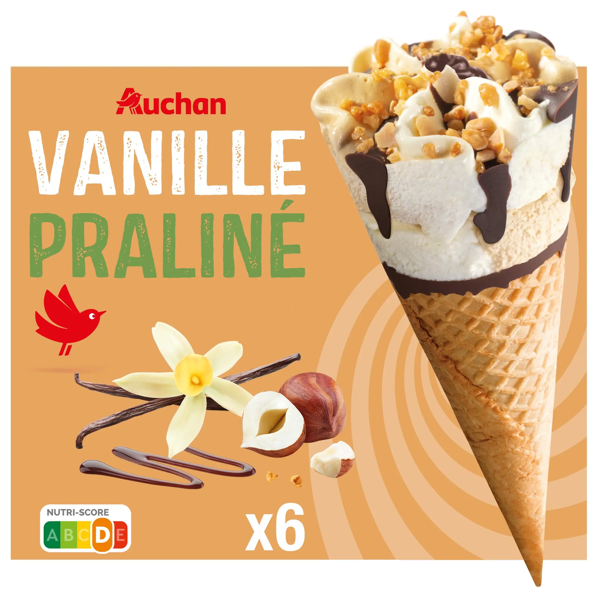 AUCHAN Cônes glacés à la vanille et praliné