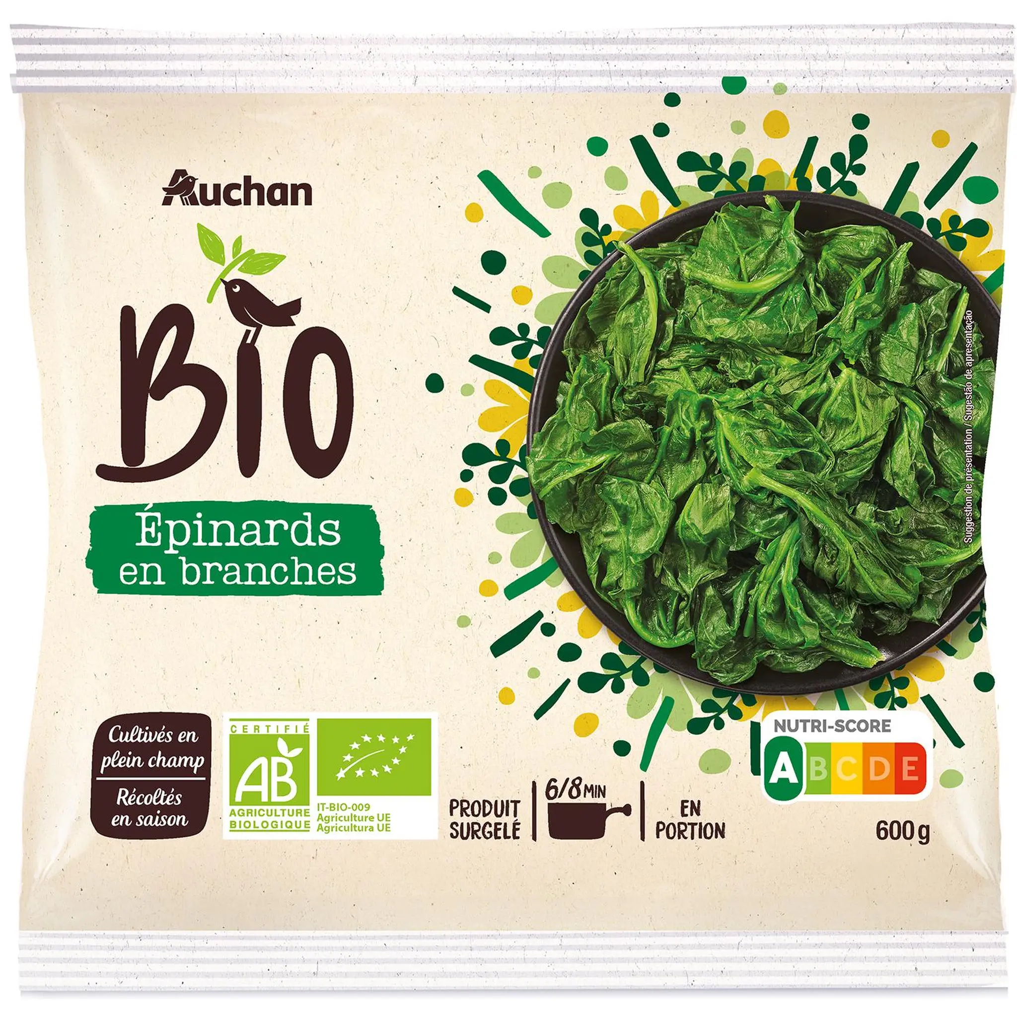 AUCHAN BIO Epinards en branches en portions