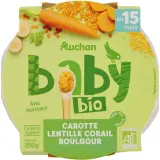 AUCHAN BABY BIO Assiette carotte lentille corail boulgour dès 15 mois bio