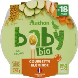 AUCHAN BABY BIO Assiette courgette blé et dinde dès 18 mois