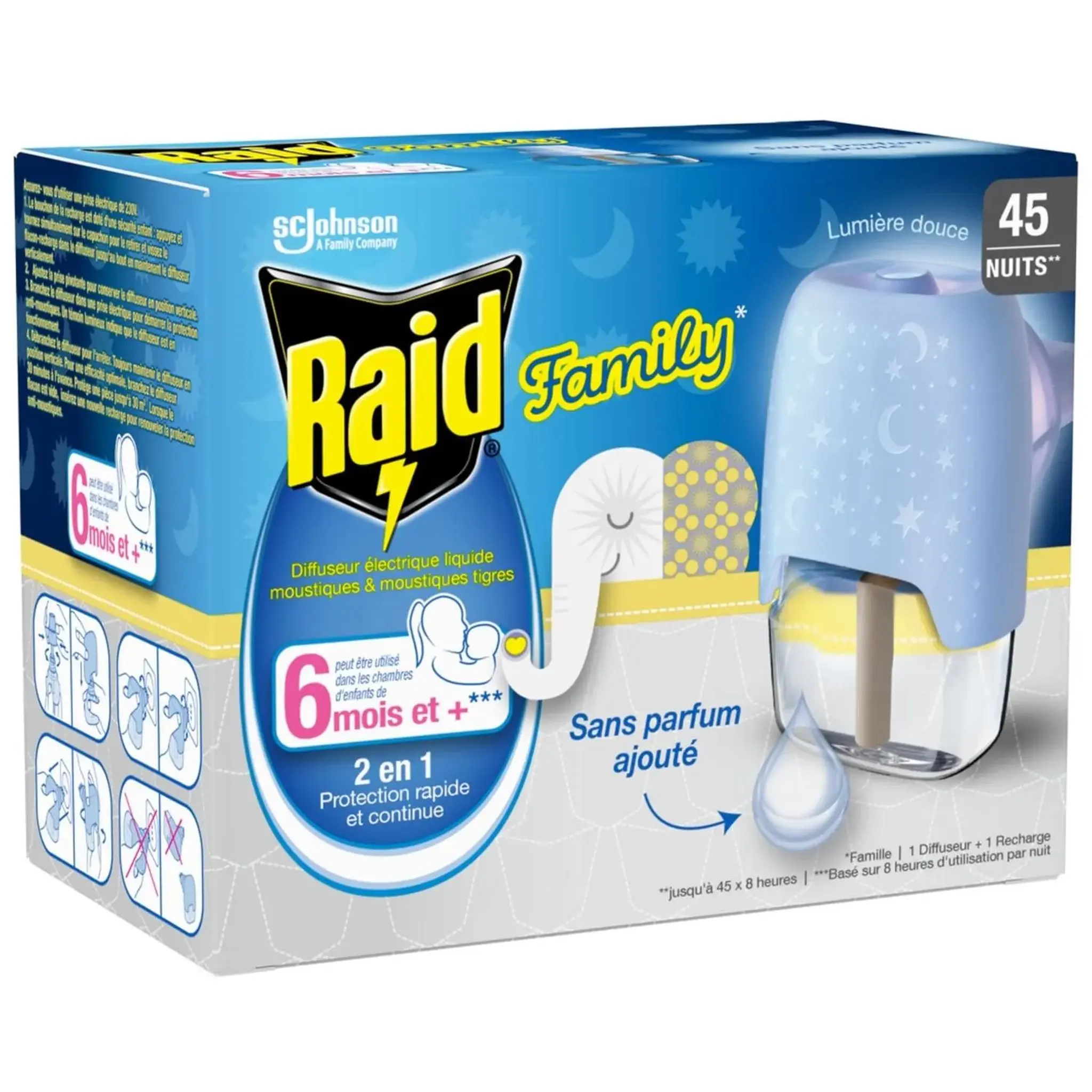 RAID Family Diffuseur liquide électrique anti moustiques et moustiques tigres sans parfum lumière douce TP18