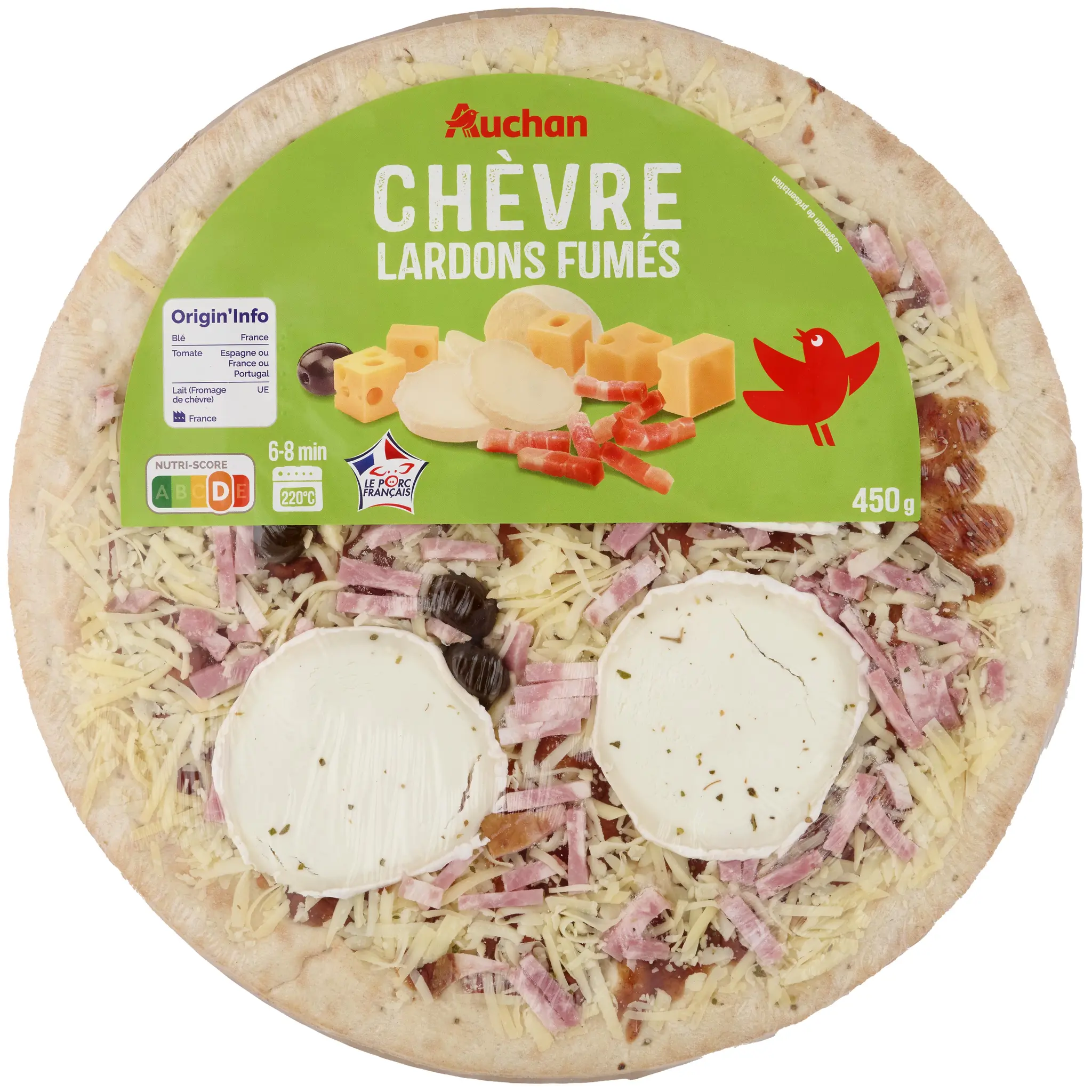 AUCHAN Pizza chèvre et lardons fumés