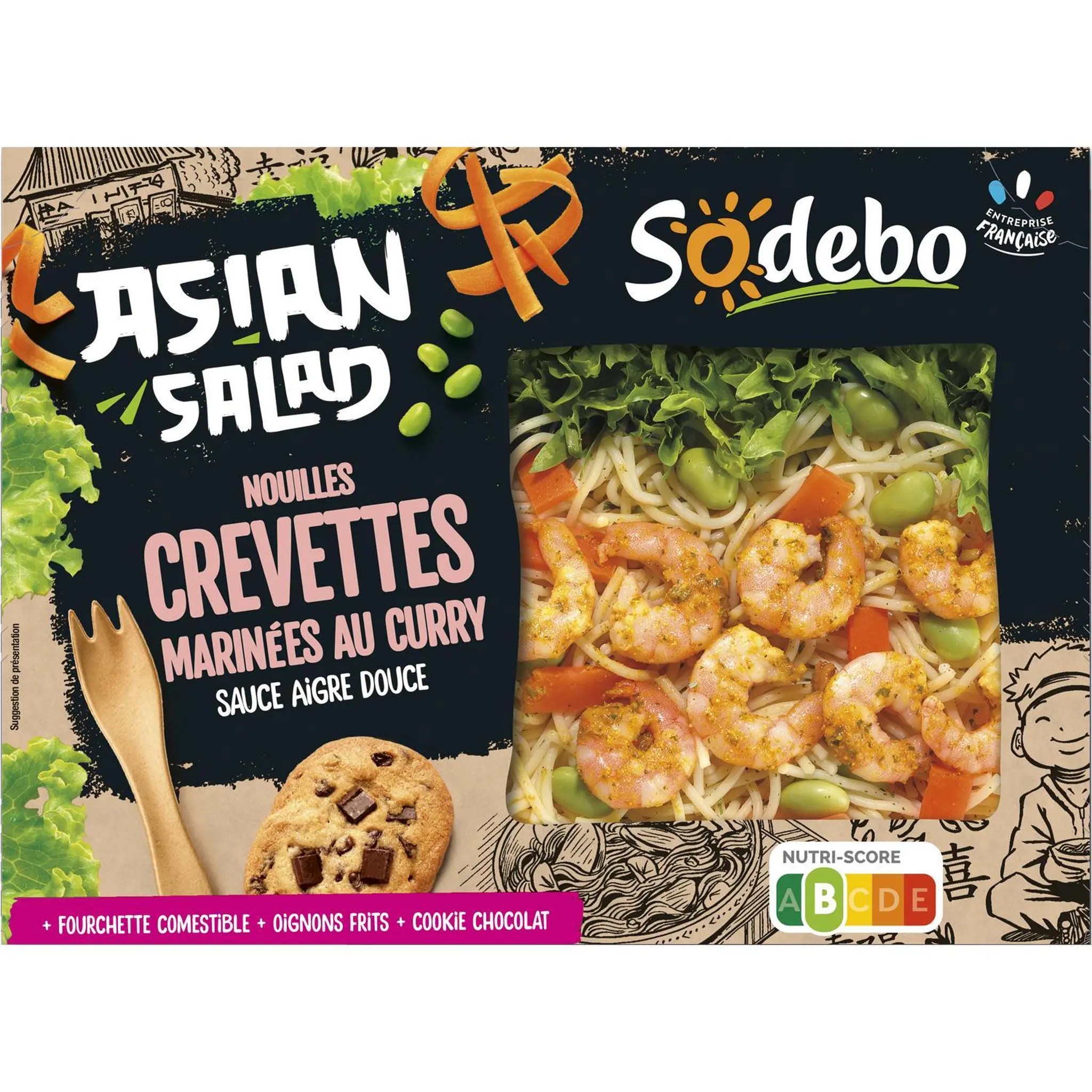 SODEBO Asian Salade nouilles crevettes au curry avec fourchette