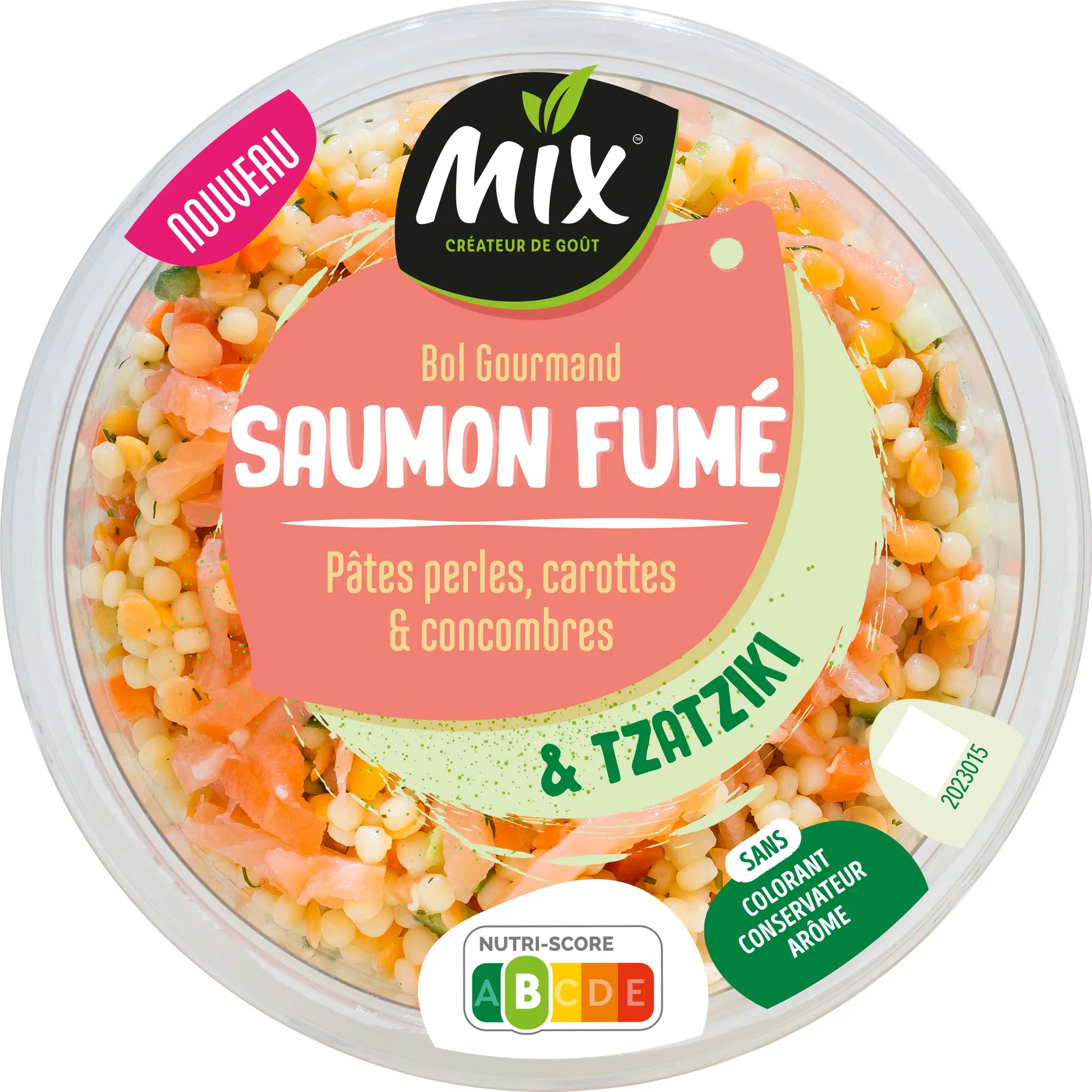 MIX Bol gourmand saumon fumé pâtes perles carottes concombres et tzatziki