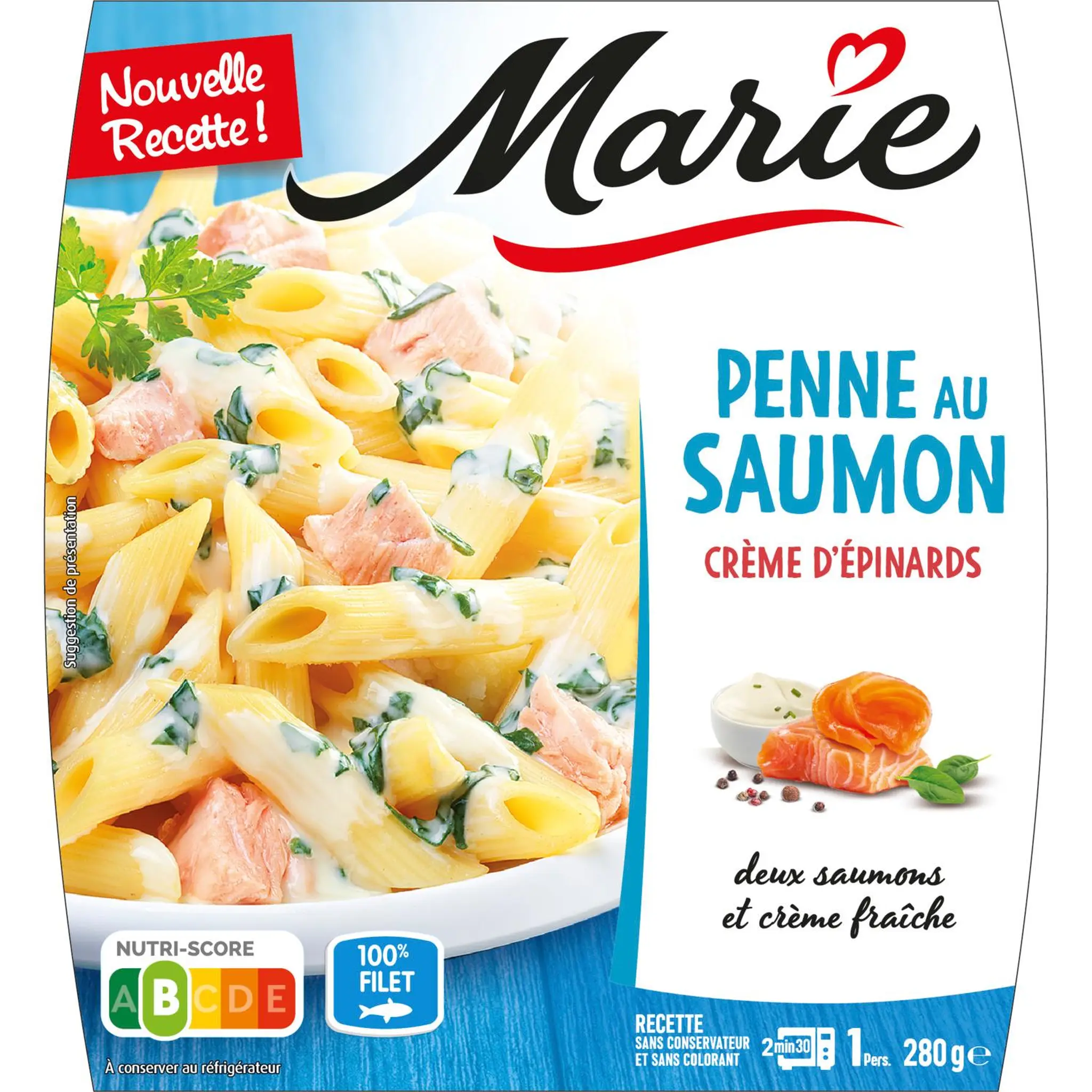 MARIE Penne au saumon et crème d'Epinard sans couverts