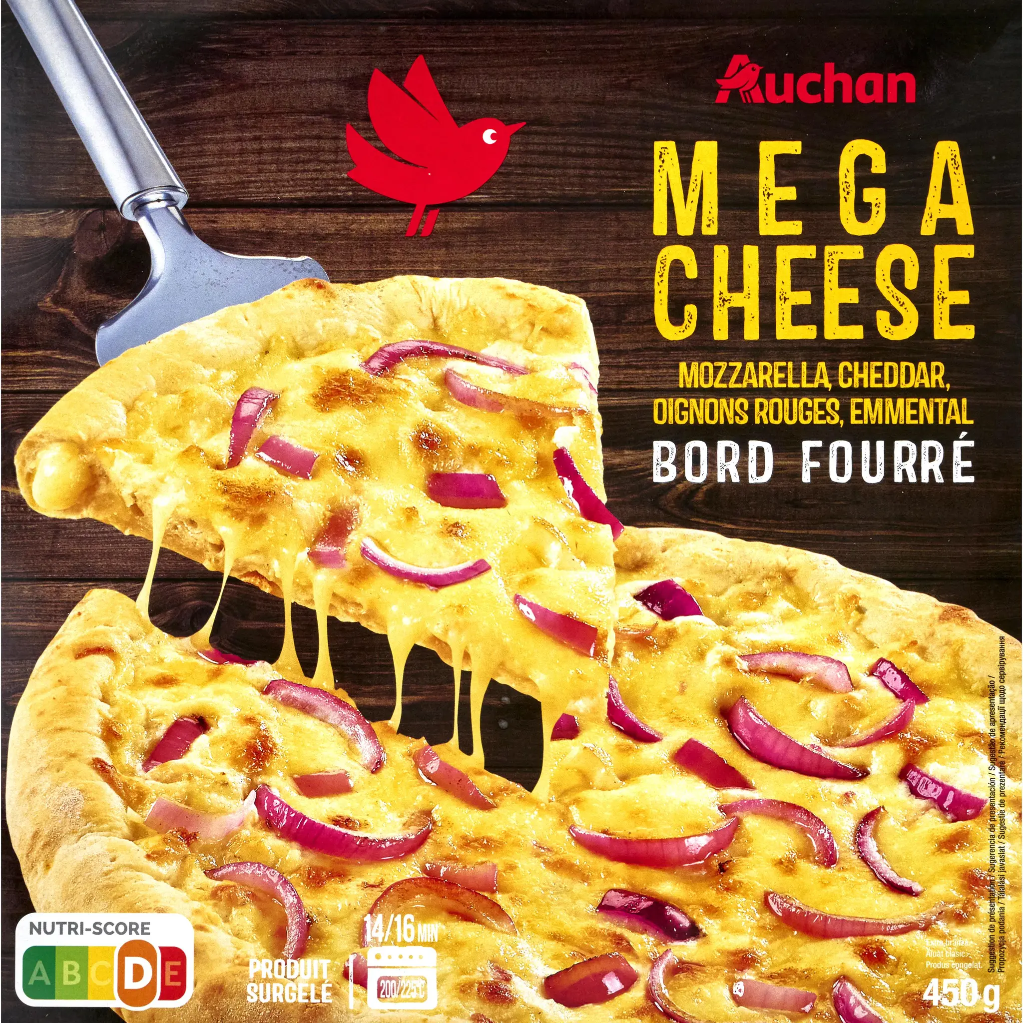 AUCHAN Pizza mega cheese aux 3 fromages et oignons rouges