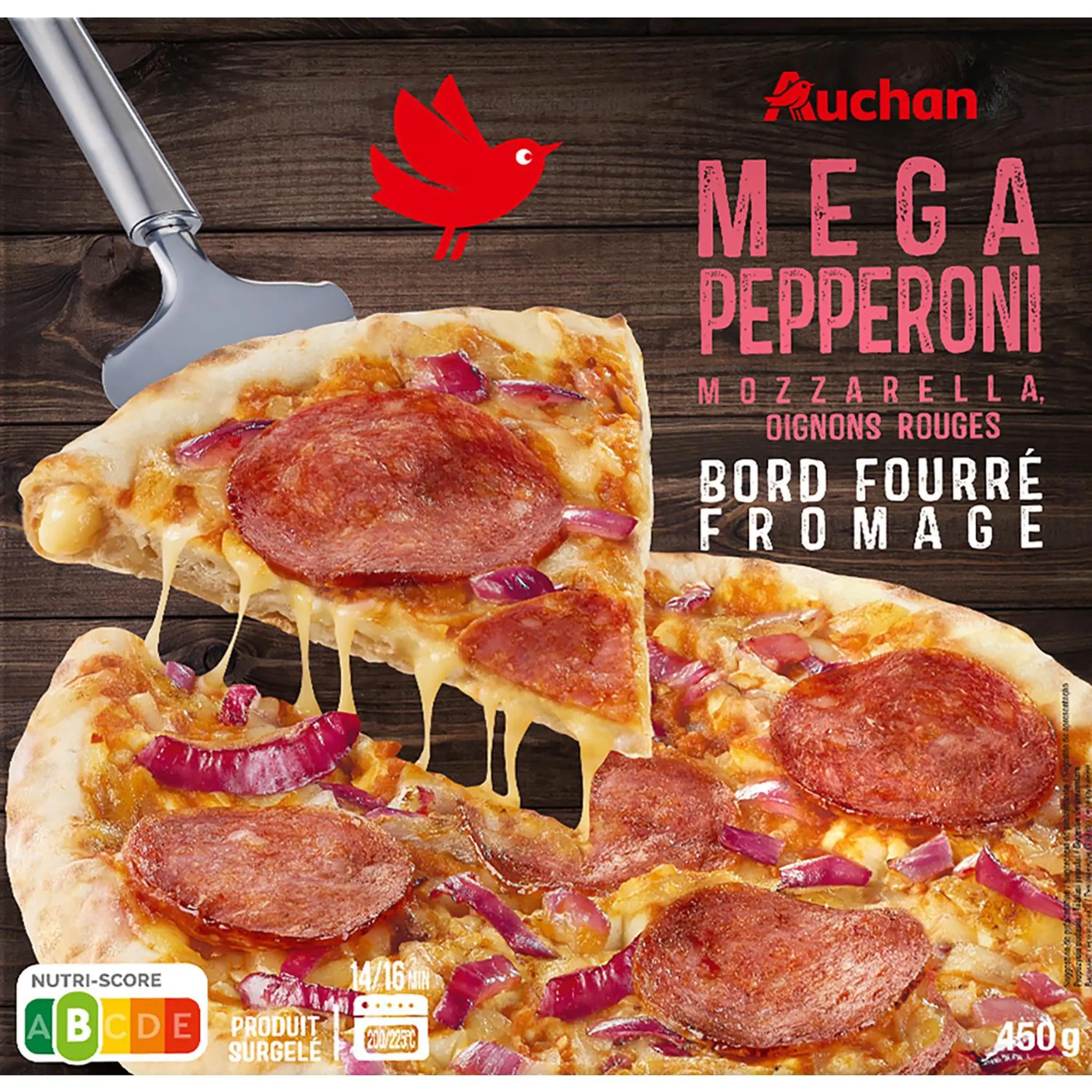 AUCHAN Pizza mega pepperoni mozzarella oignons rouges bord fourré au fromage