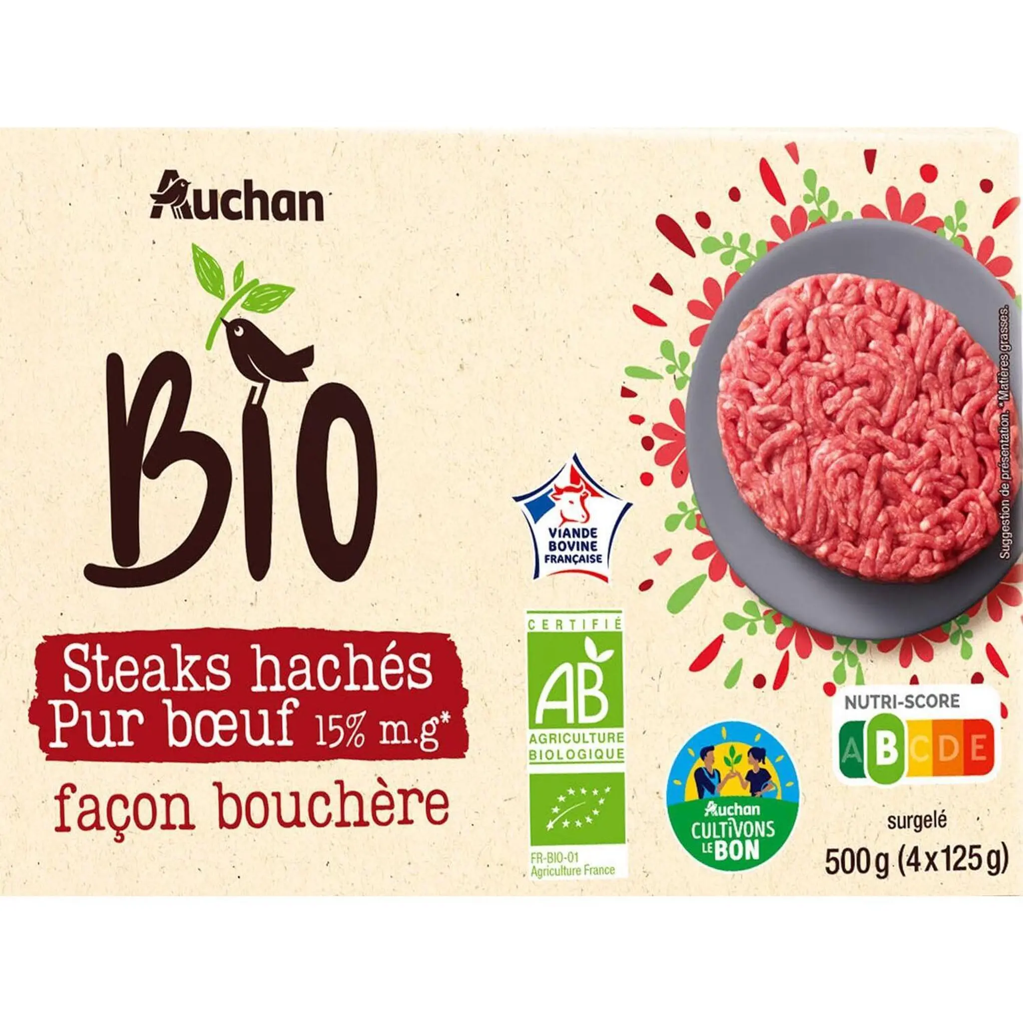 AUCHAN BIO CULTIVONS LE BON Steaks hachés pur boeuf 15%MG façon bouchère