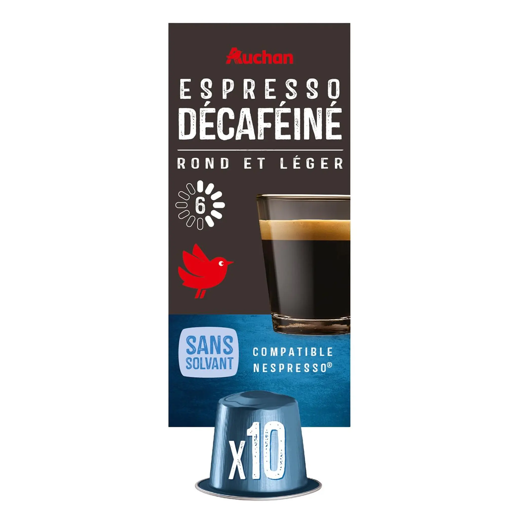 AUCHAN Capsules de café Espresso décaféiné intensité 6 compatibles Nespresso