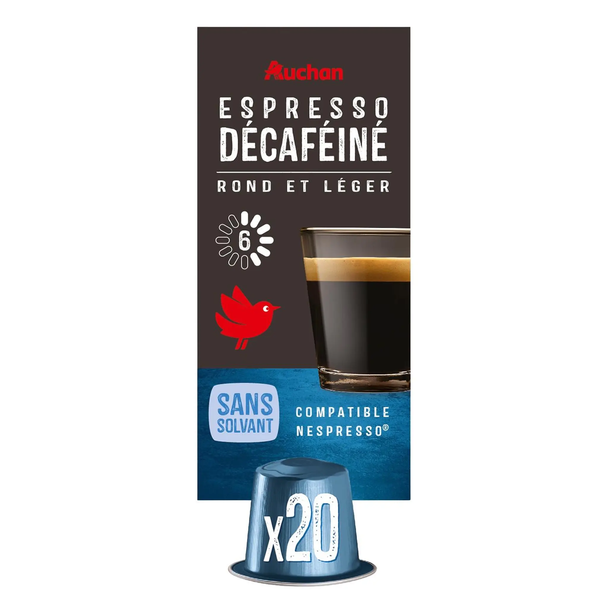 AUCHAN Capsules de café espresso décaféiné intensité 6 compatibles Nespresso