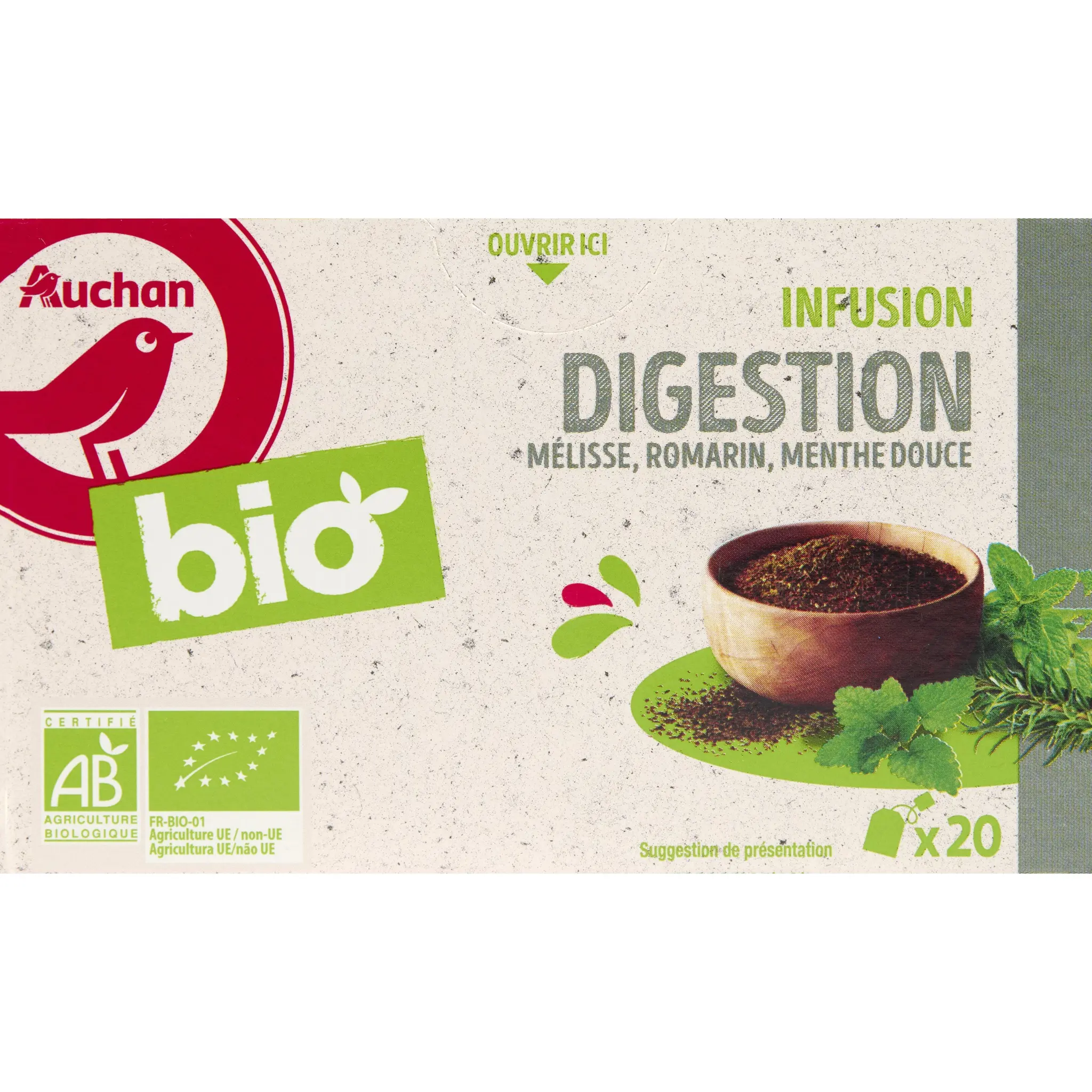 AUCHAN BIO Infusion digestion mélisse romarin menthe douce