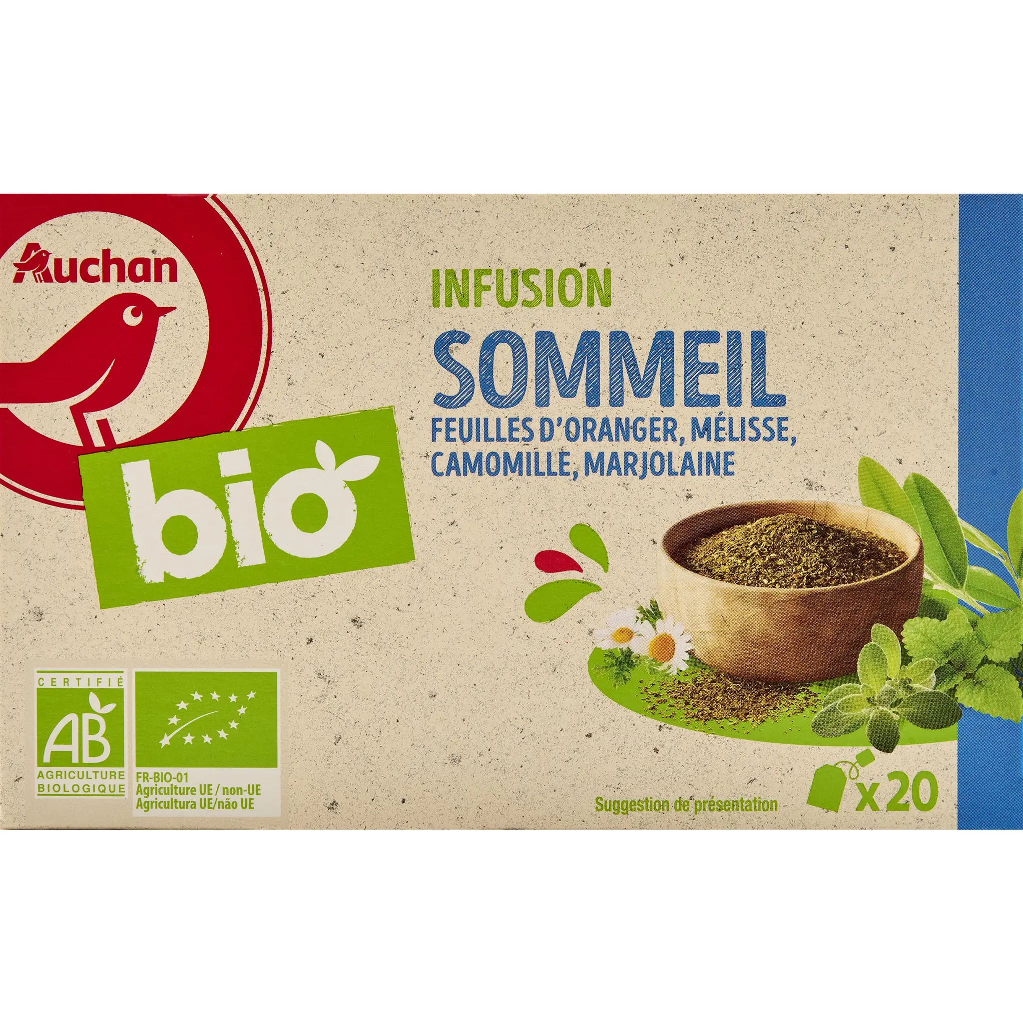 AUCHAN BIO Infusion sommeil feuilles d'oranger mélisse marjolaine
