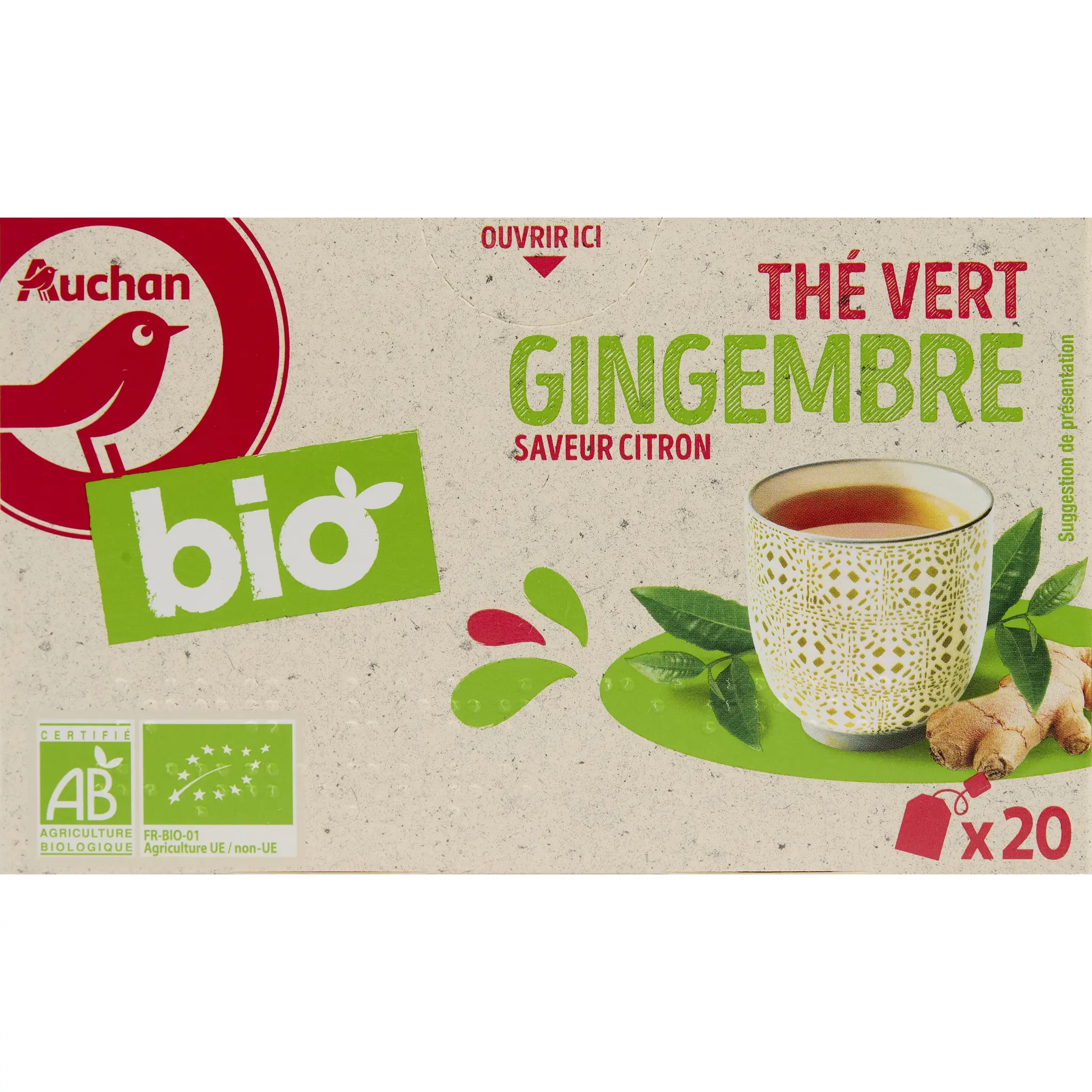 AUCHAN BIO Thé vert gingembre saveur citron