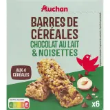 AUCHAN Crousty barres de céréales chocolat au lait et noisettes