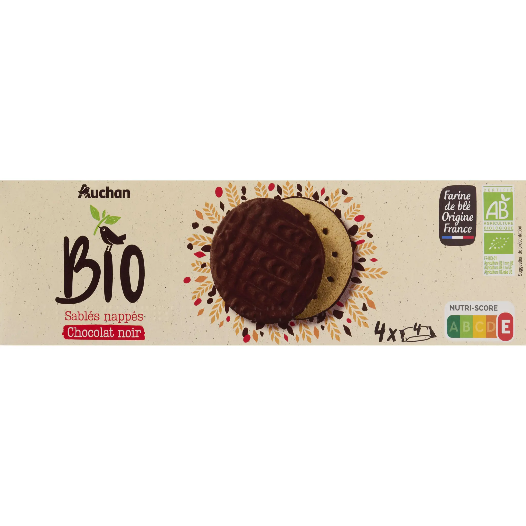 AUCHAN BIO Biscuits nappés de chocolat noir sachets fraîcheur
