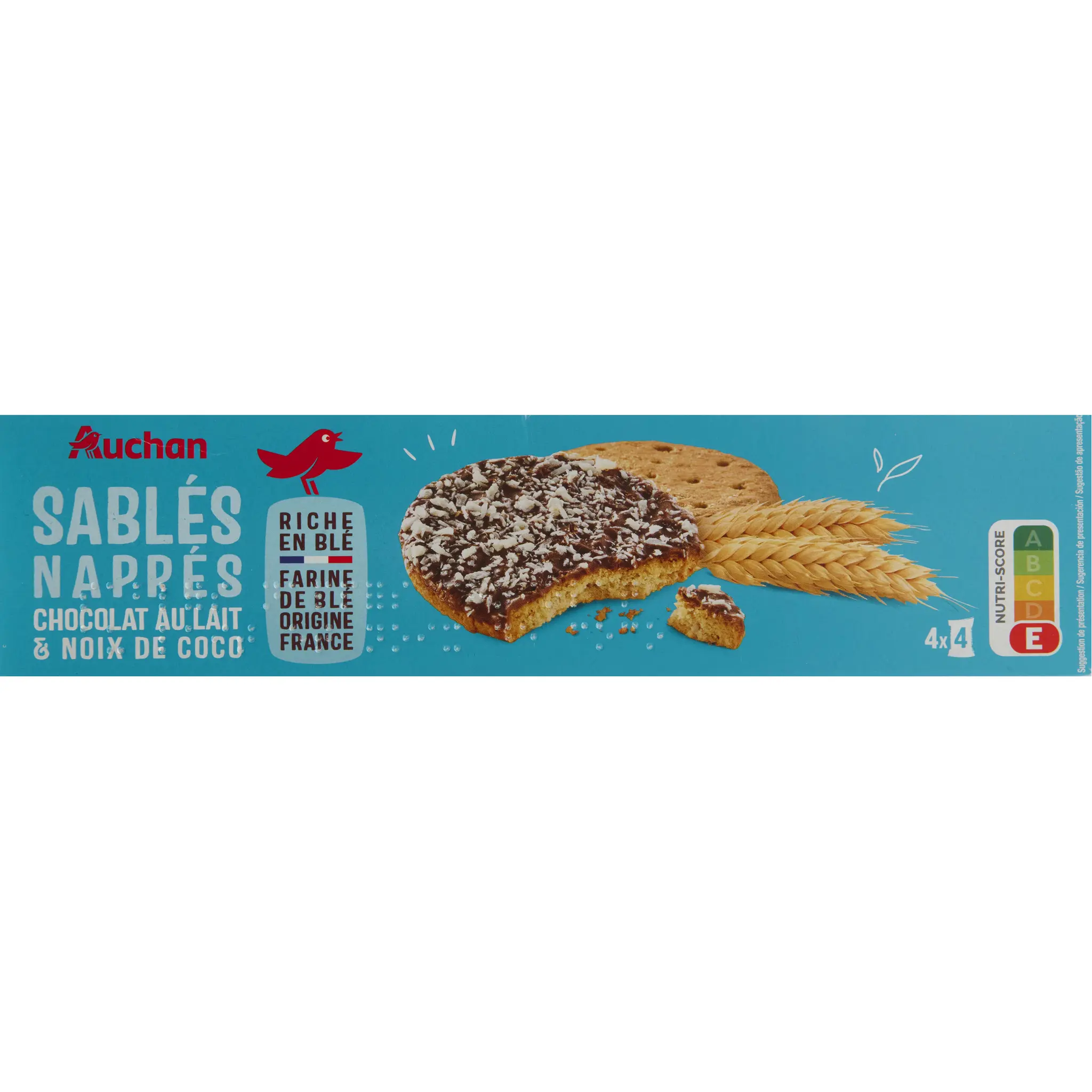 AUCHAN Biscuits sablés aux céréales nappés chocolat au lait saveur coco