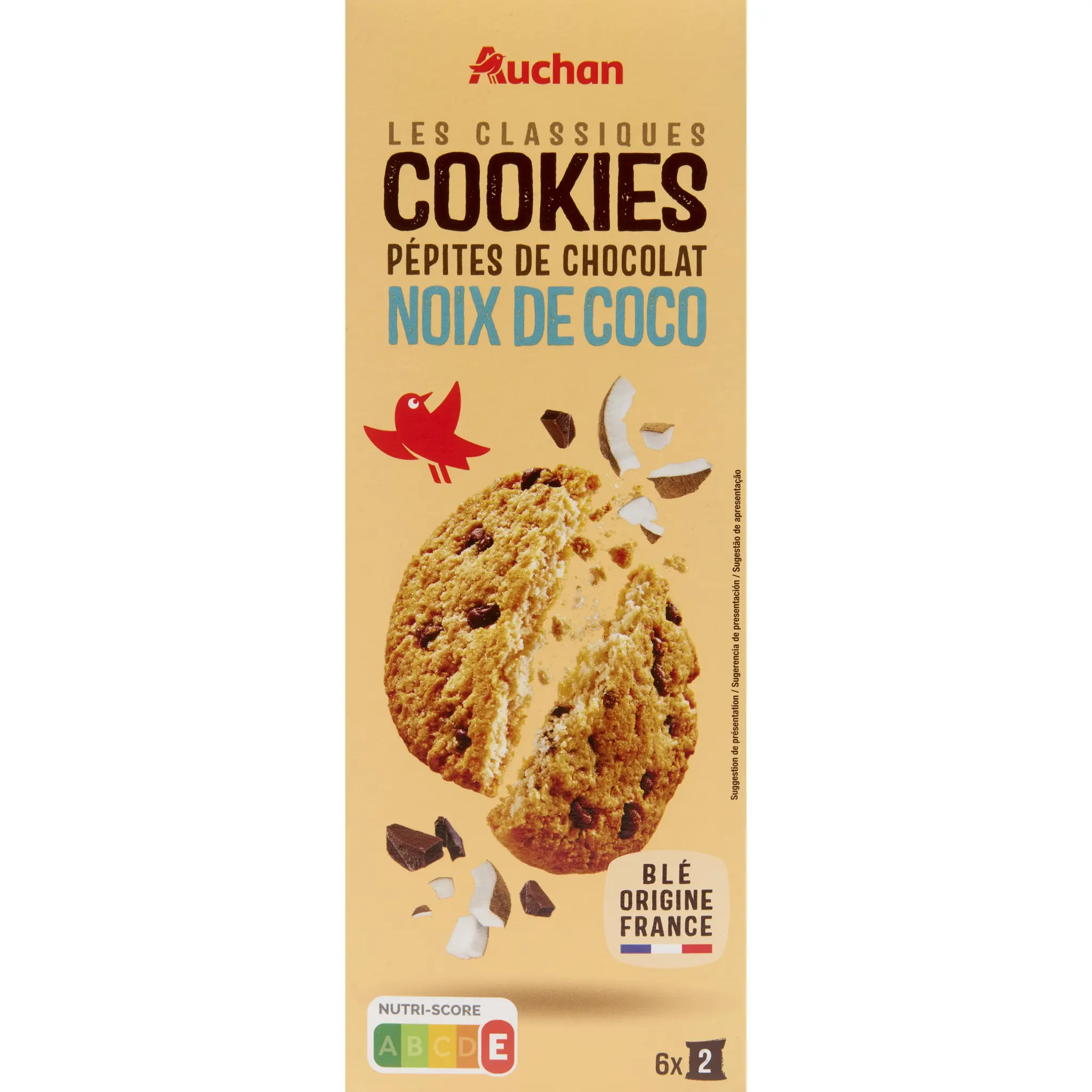 AUCHAN Cookies au chocolat avec pépites de chocolat et noix de coco