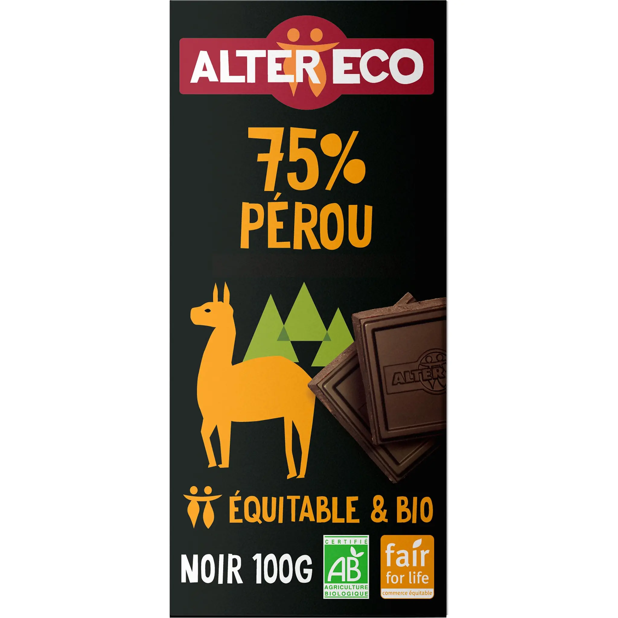 ALTER ECO Tablette de chocolat noir bio et équitable Pérou 75% cacao