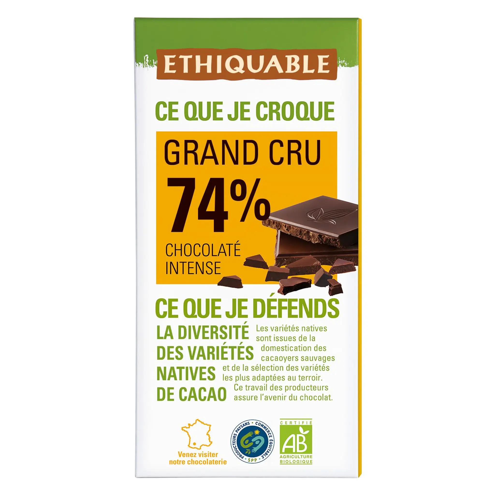 ETHIQUABLE Tablette de chocolat noir bio 74% cacao grand cru