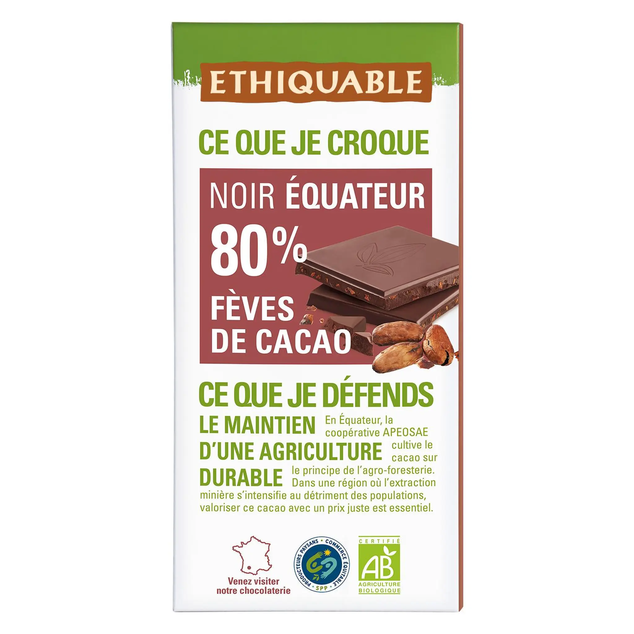 ETHIQUABLE Tablette de chocolat noir bio 80% fèves de cacao Equateur Côte d'Ivoire