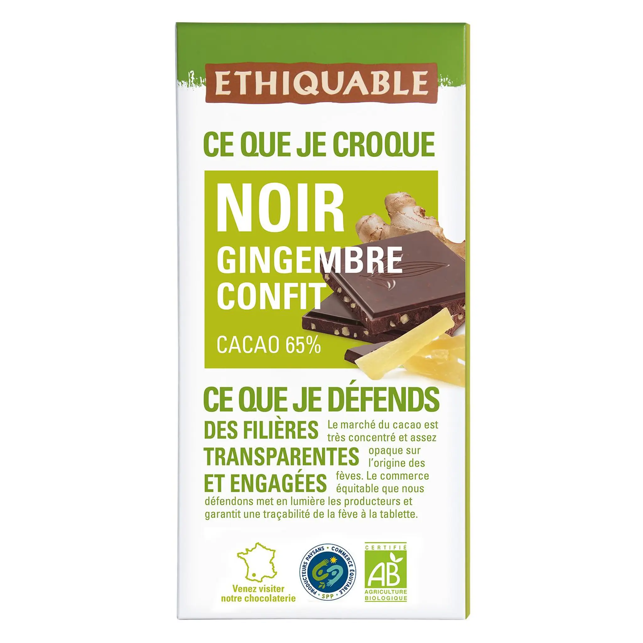 ETHIQUABLE Tablette de chocolat noir bio et gingembre confit