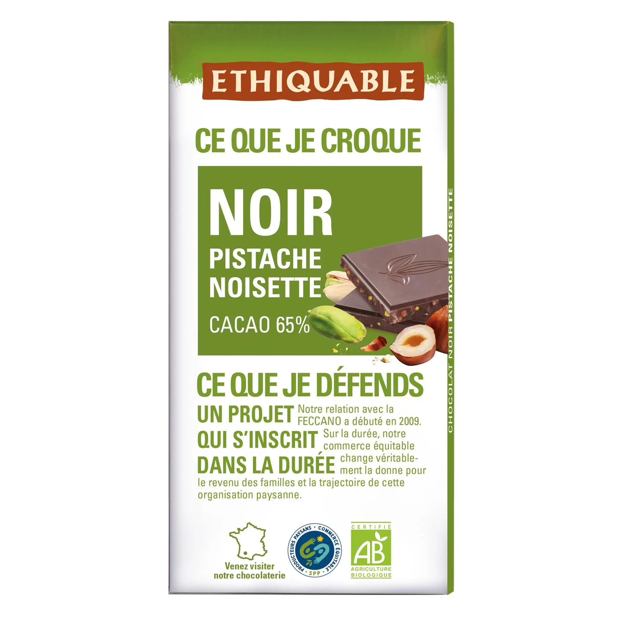 ETHIQUABLE Tablette de chocolat noir 65% cacao et pistache noisette bio