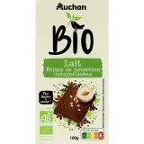 AUCHAN BIO CULTIVONS LE BON Tablette de chocolat au lait éclats de noisettes caramélisées
