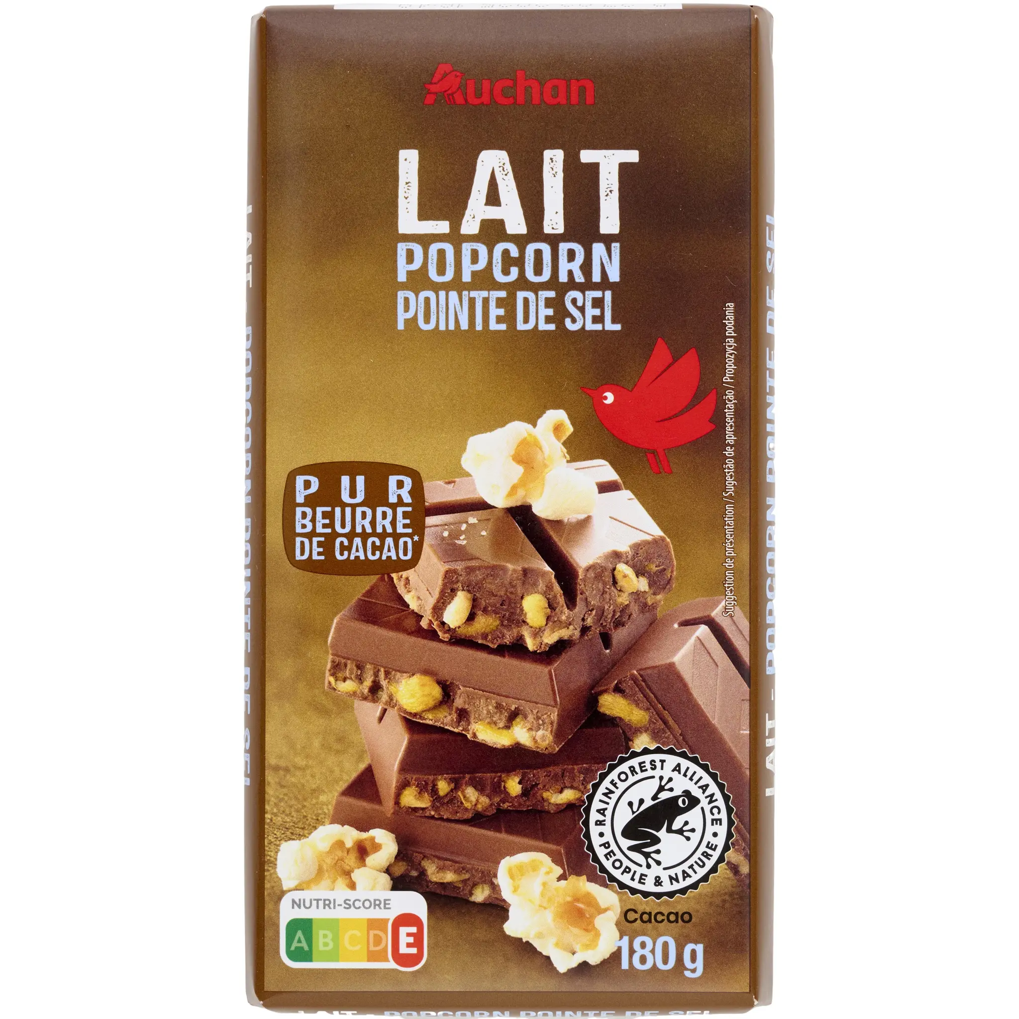 AUCHAN Tablette de chocolat au lait popcorn et fleur de sel