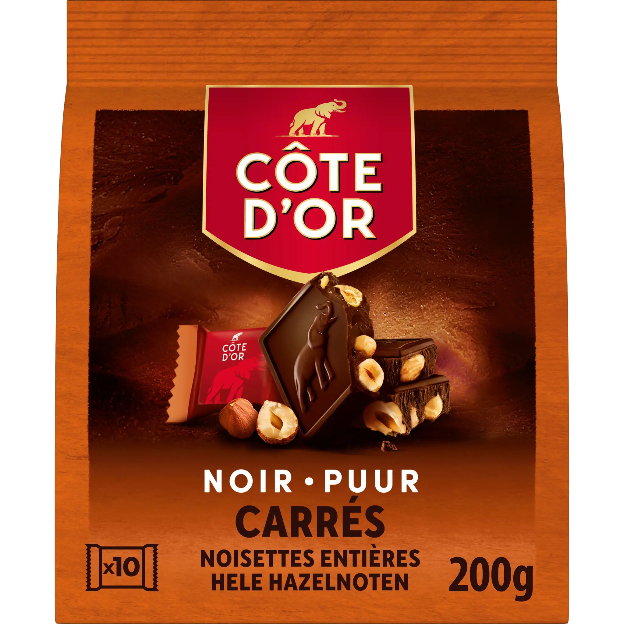COTE D'OR Carrés de chocolat noir aux noisettes entières